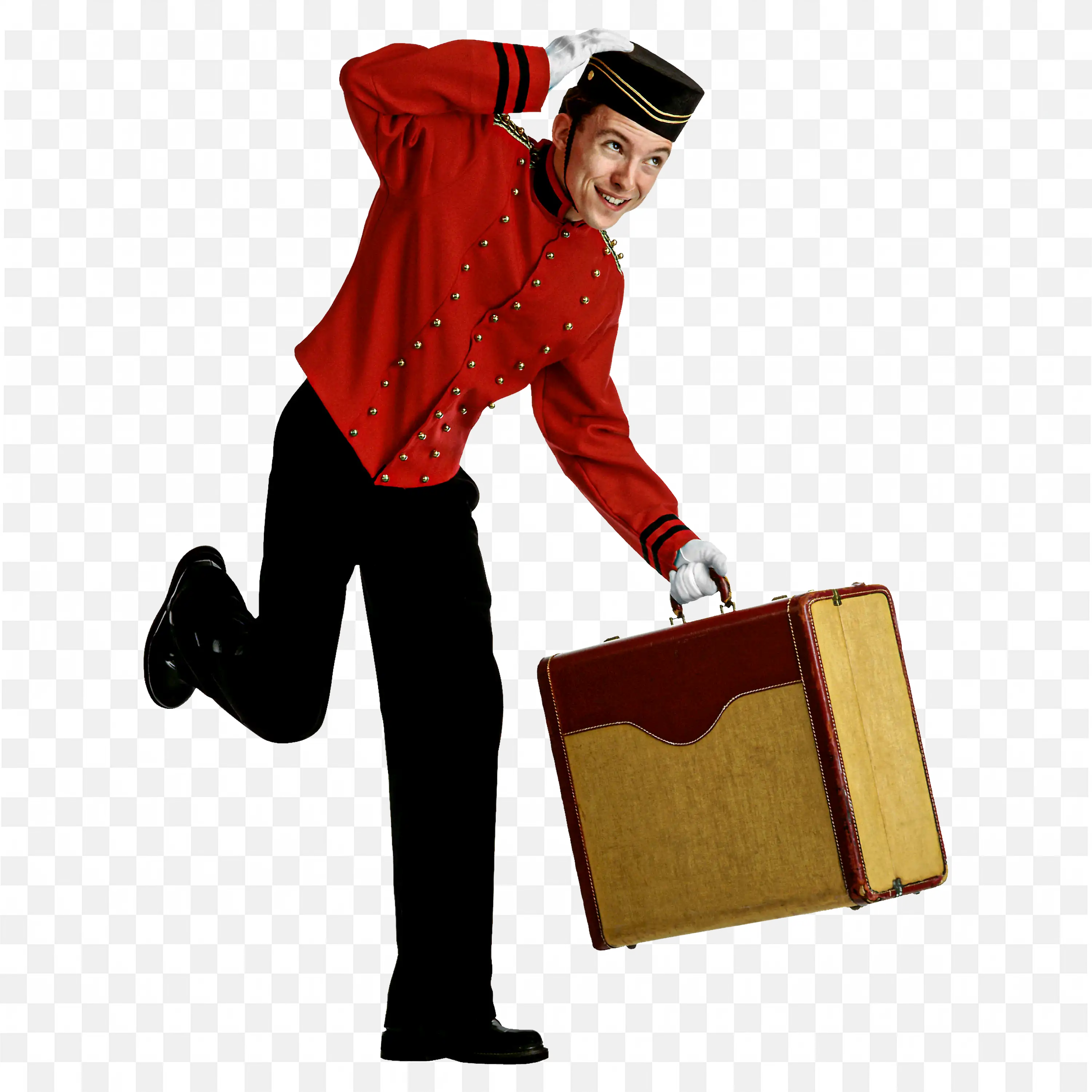 Smiling Bellboy in Red Uniform Running with a Suitcase Png