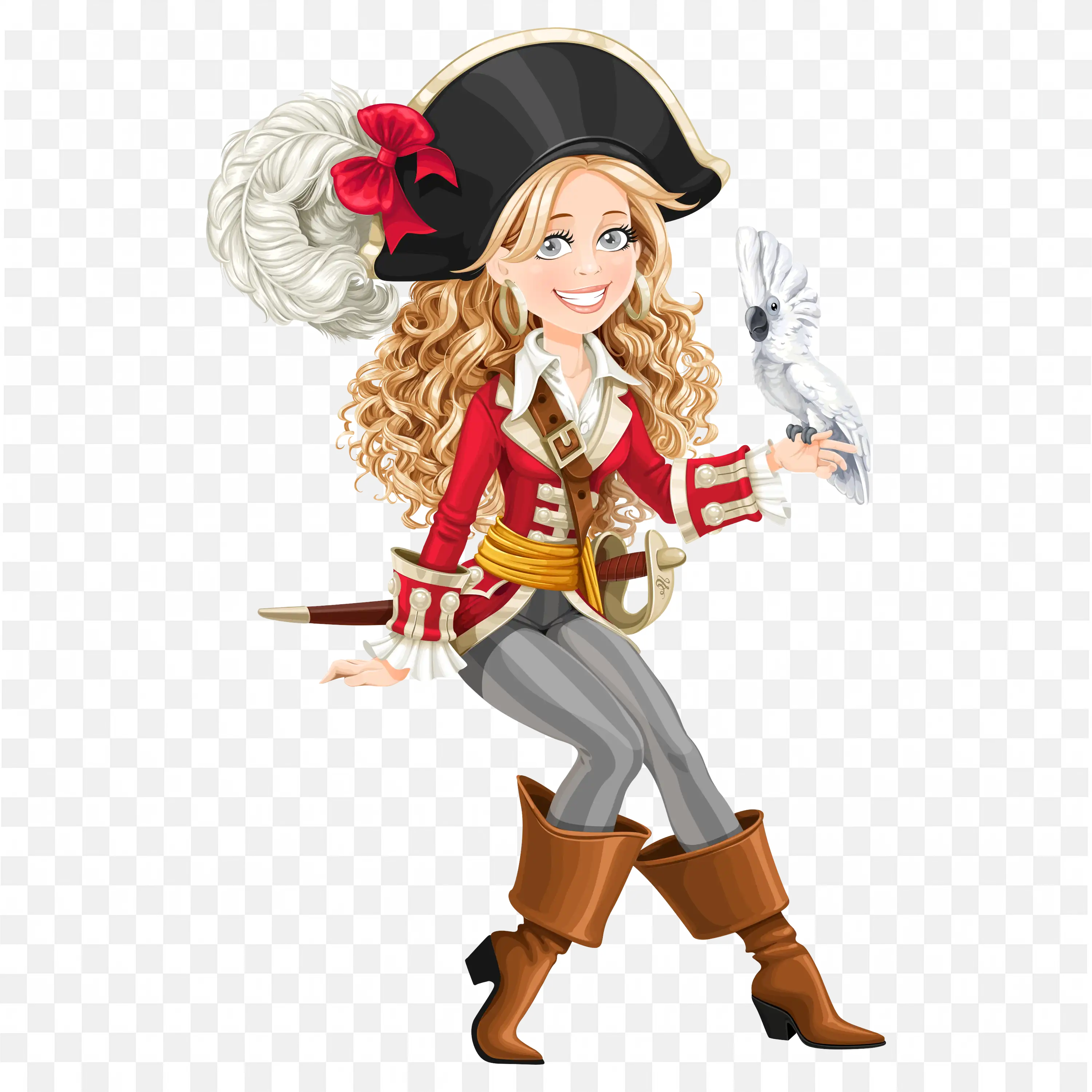 Smiling Pirate Girl with Sword and White Parrot Friend Png