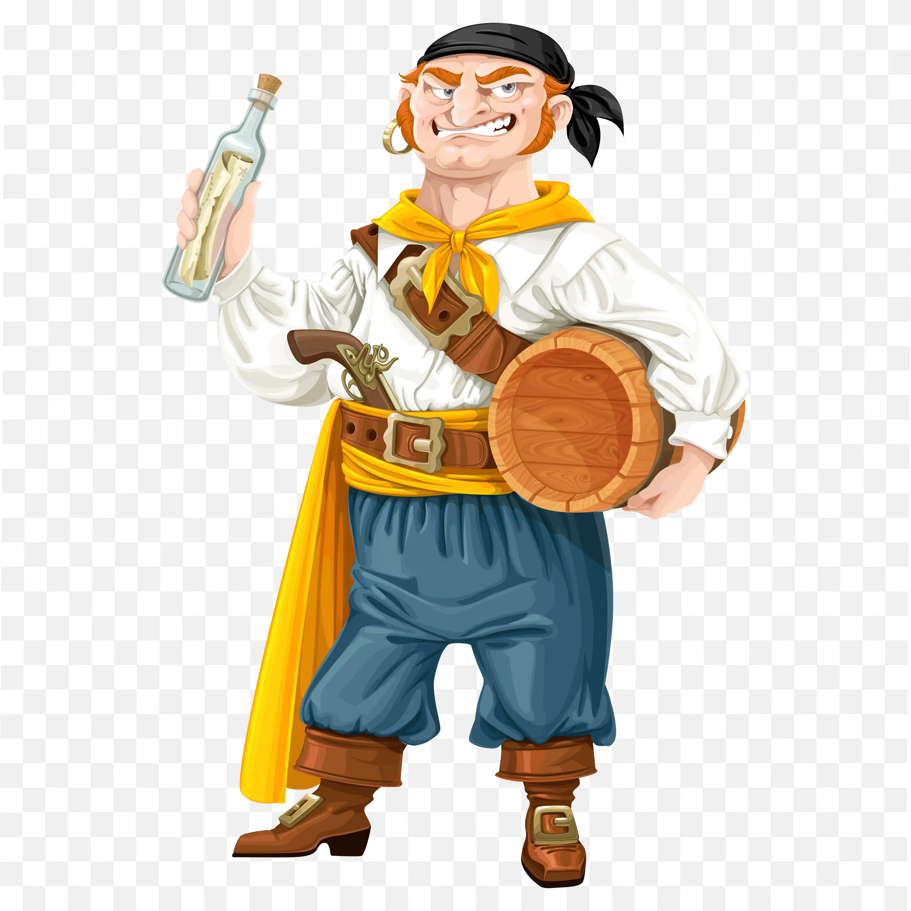 Smiling Pirate Holding a Drink with Drum and Message Bottle