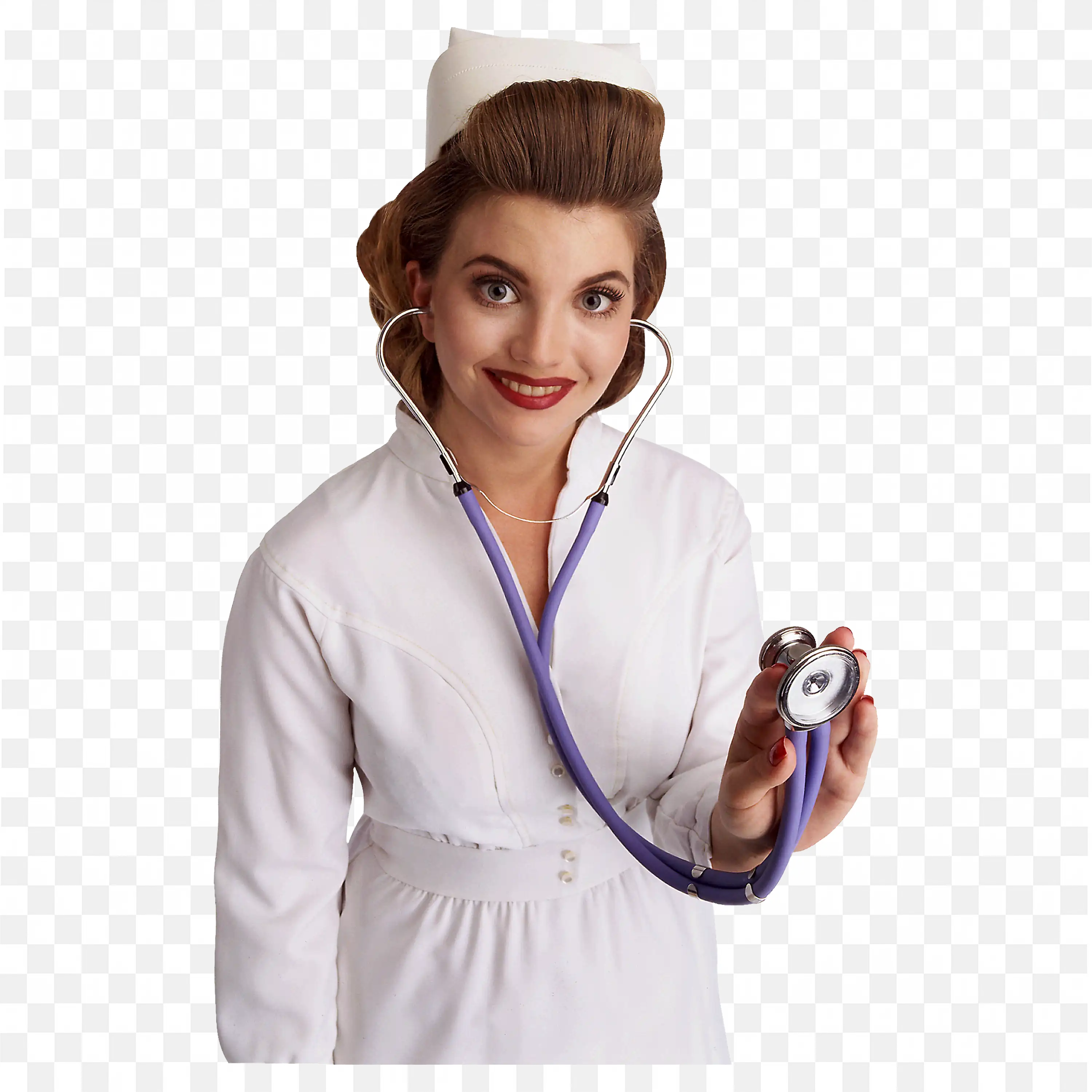 Smiling Retro Nurse in White Uniform with Stethoscope Png
