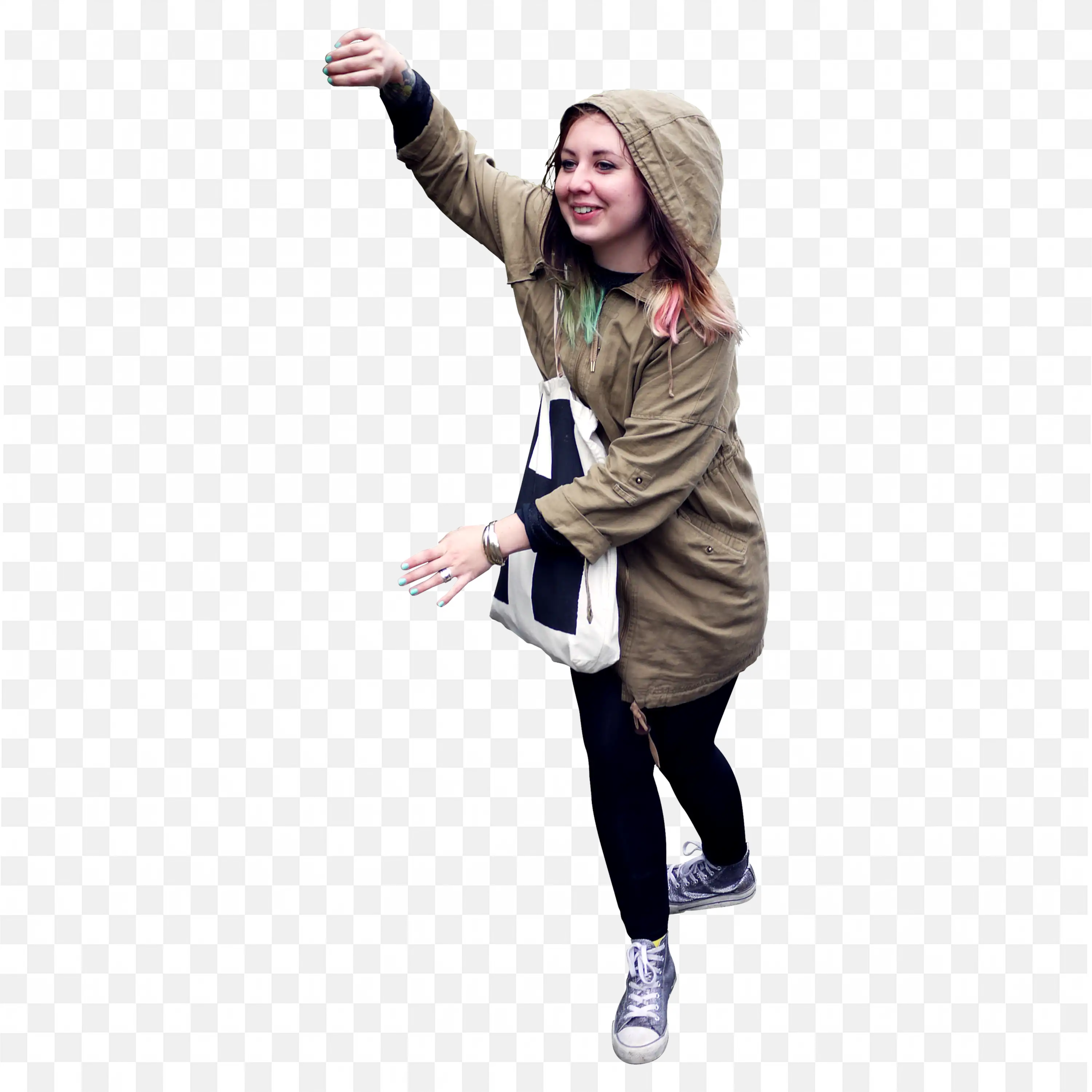 Smiling Woman in Jacket and Sneakers with Raising Hands Png
