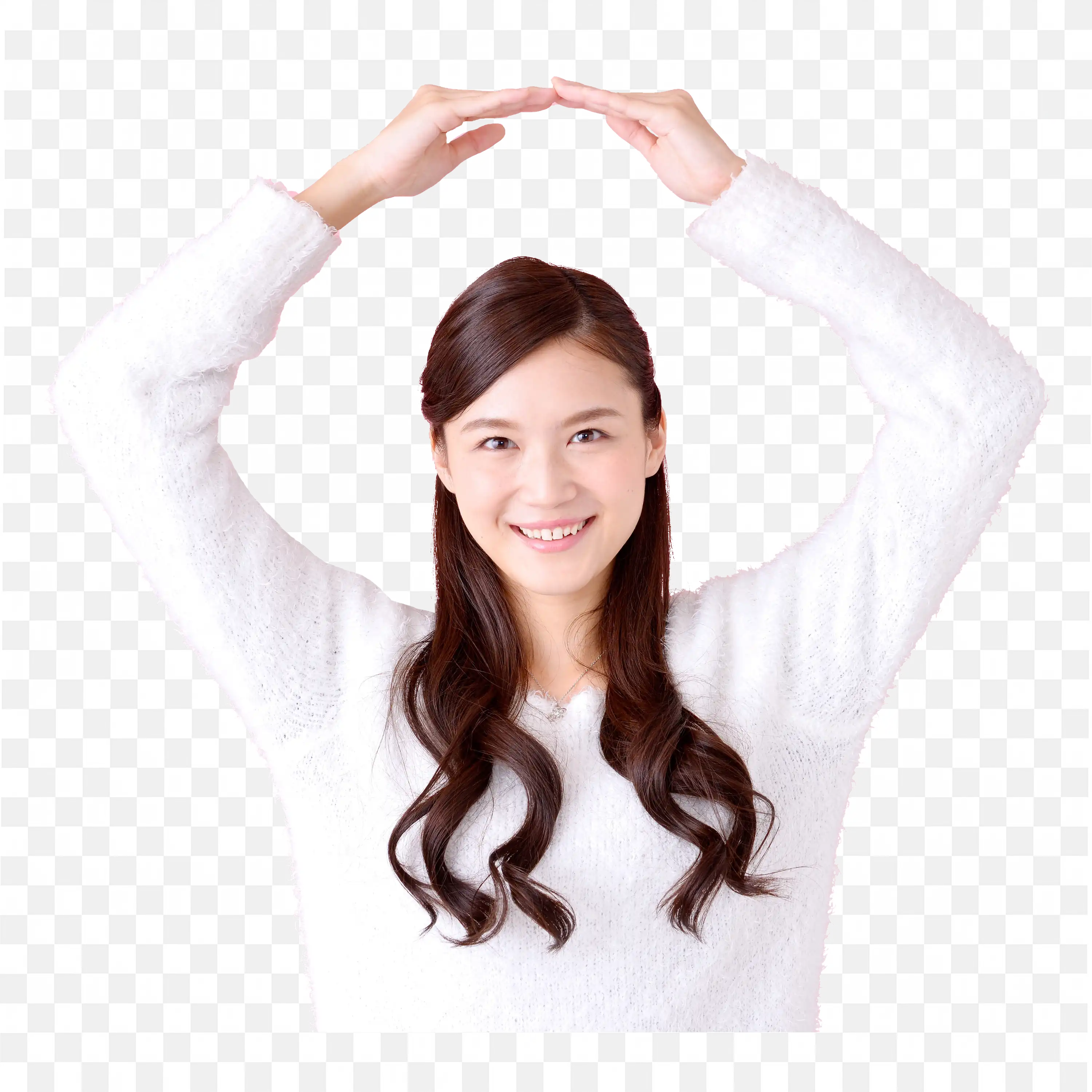 Smiling Woman Raising Both Her Hands Above the Head Png