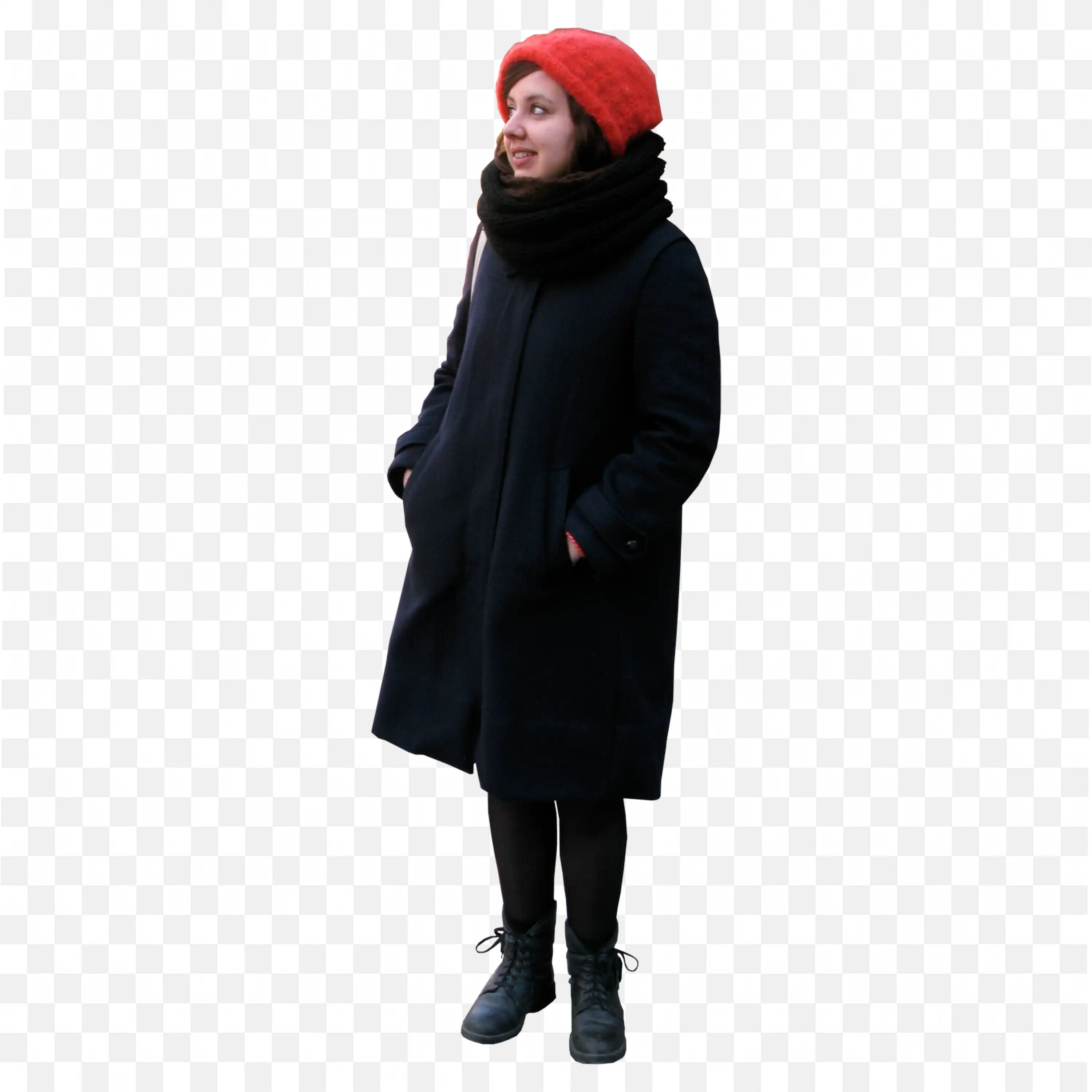 Smiling Woman Standing in Black Coat and Red Hat Free Png