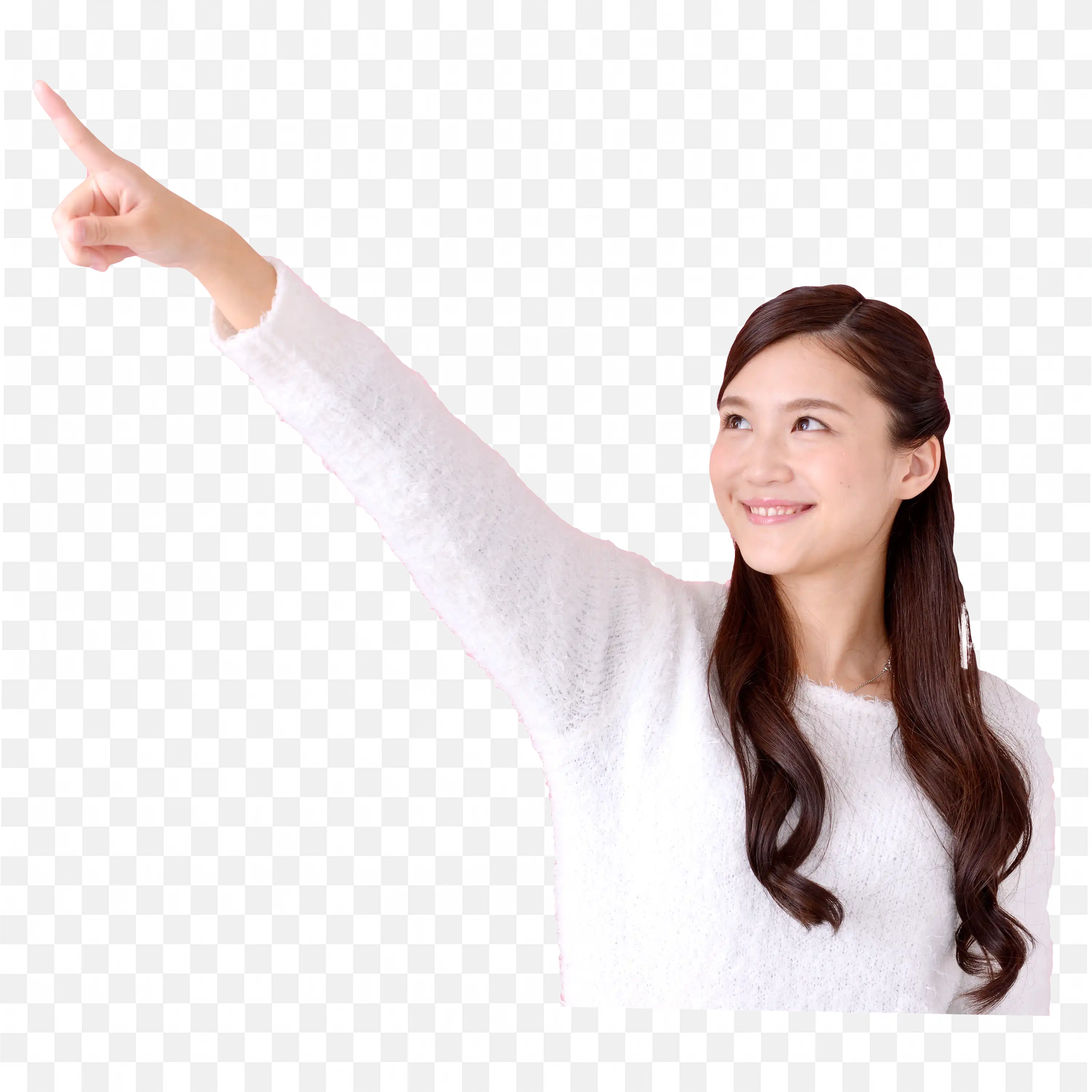 Smiling Woman in Sweater Pointing Upwards Png Image Free