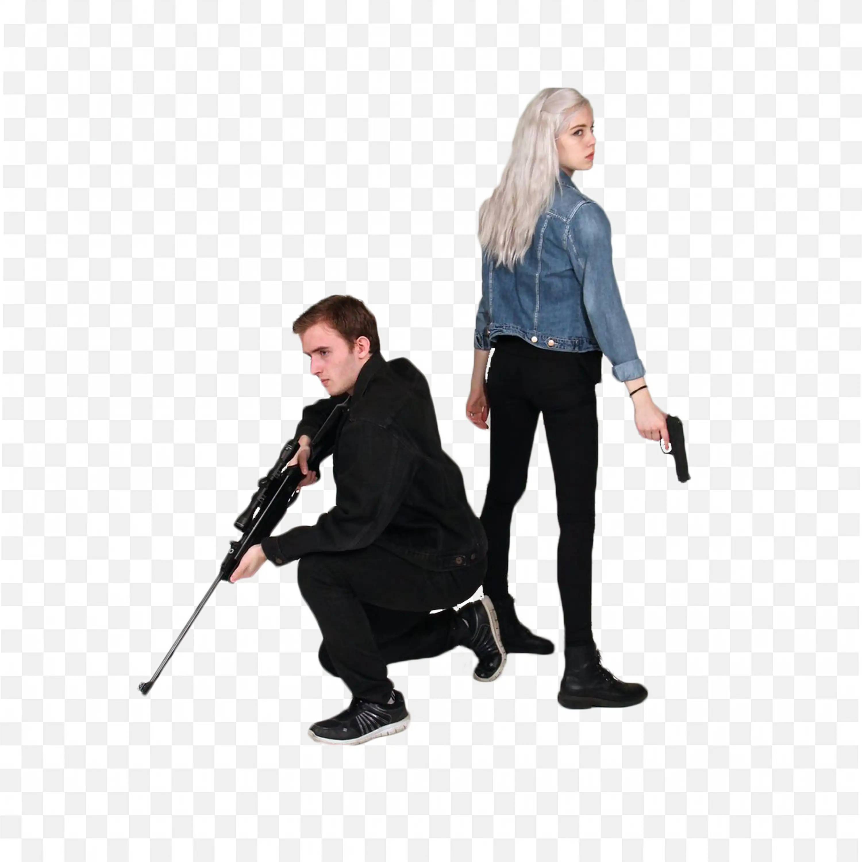 Spy Couple in Stylish Black Dress Ready for Action Png Free