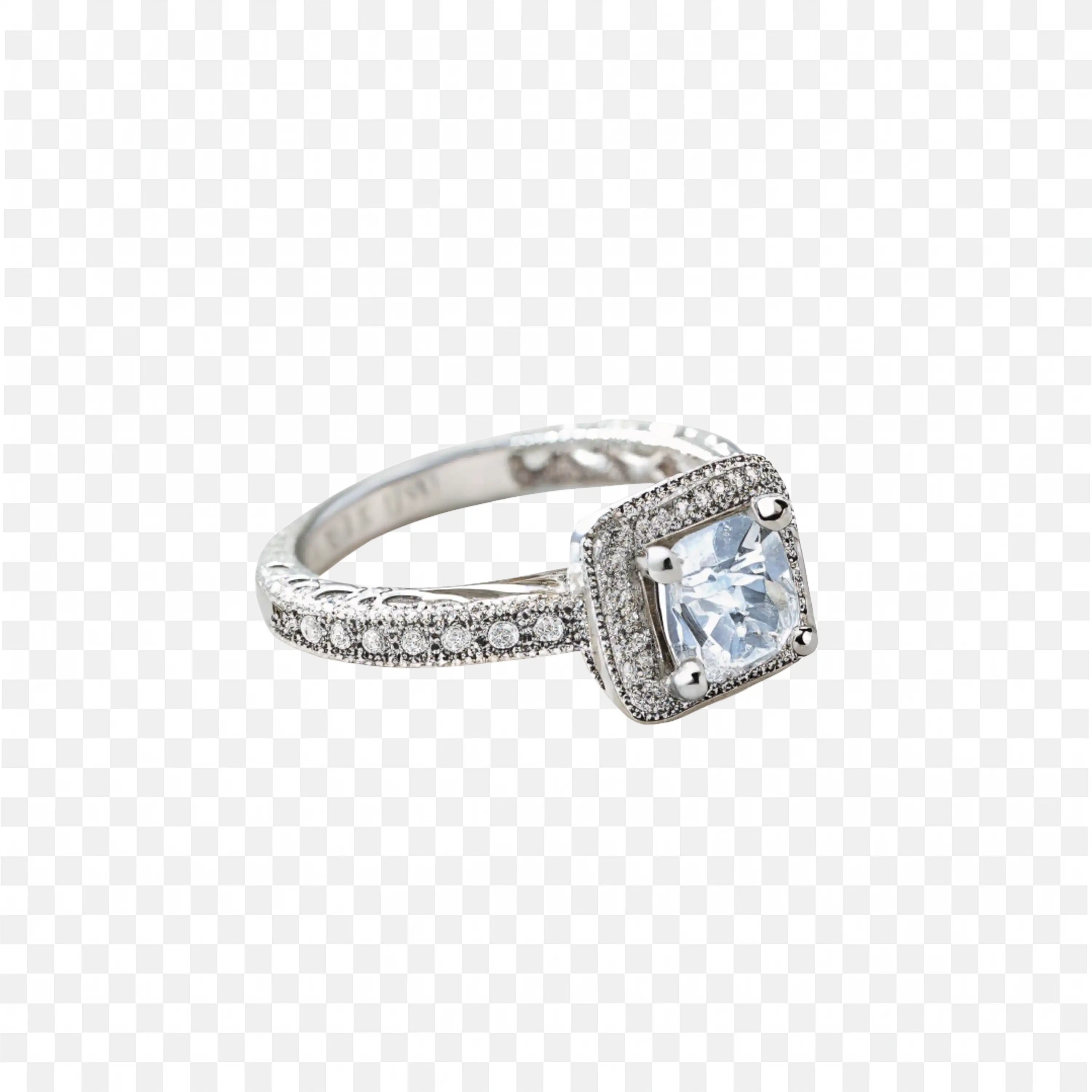 Square Cut Diamond Ring with Crystal Detailed Band Png