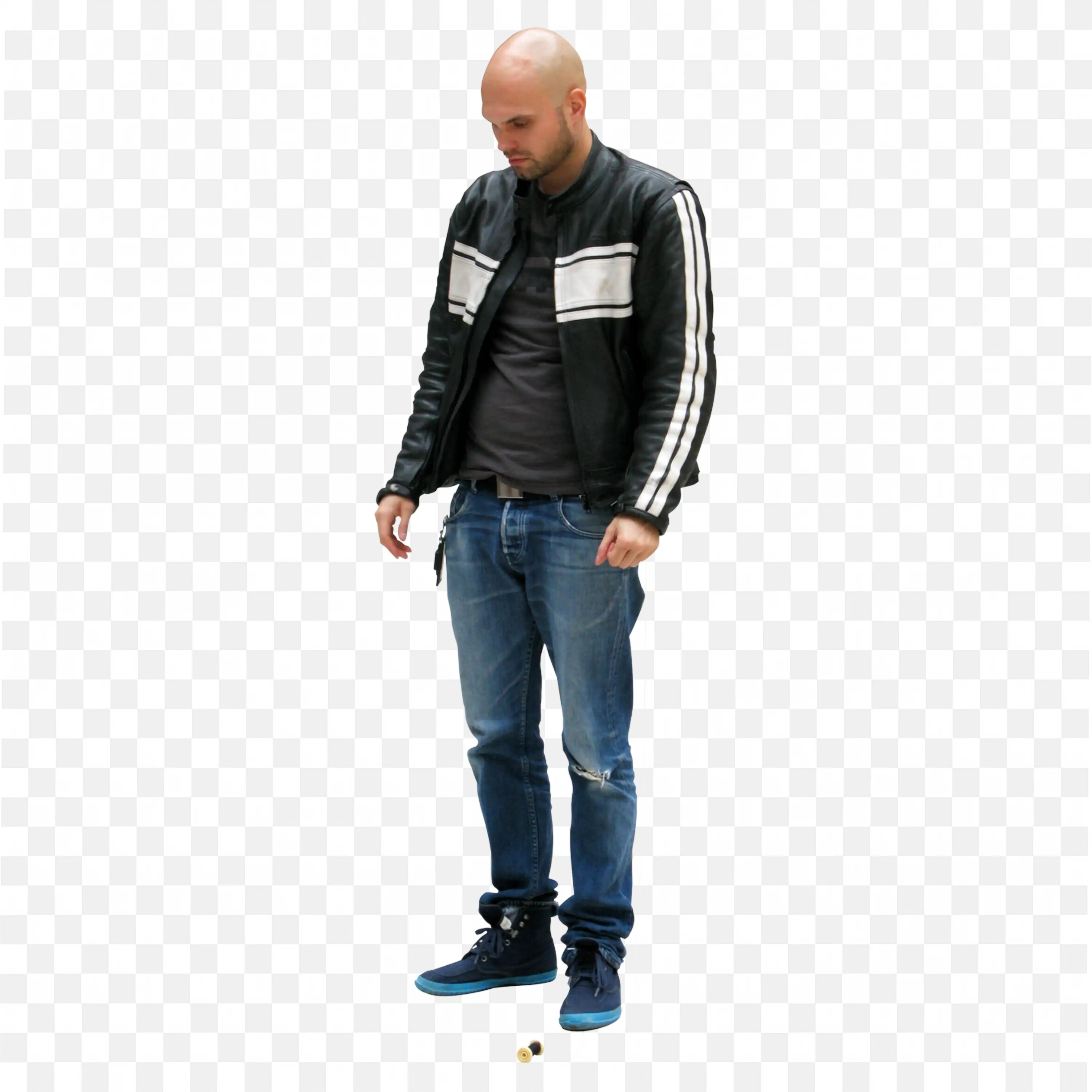 Standing Png of a Man with Black Leather Jacket and Blue Jeans