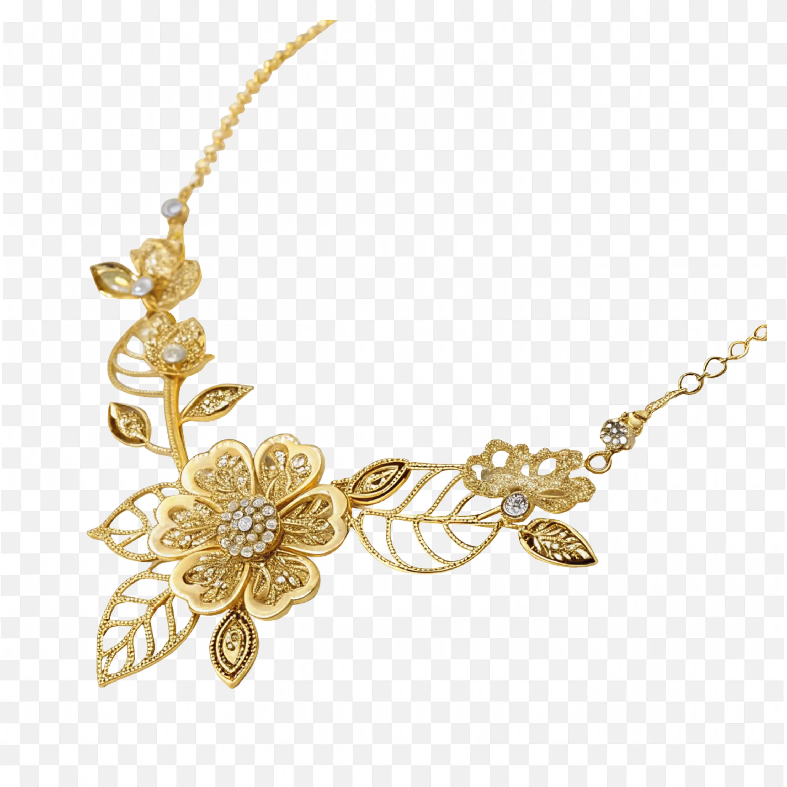 Stylish Floral Gold Necklace with Leaves Png Download