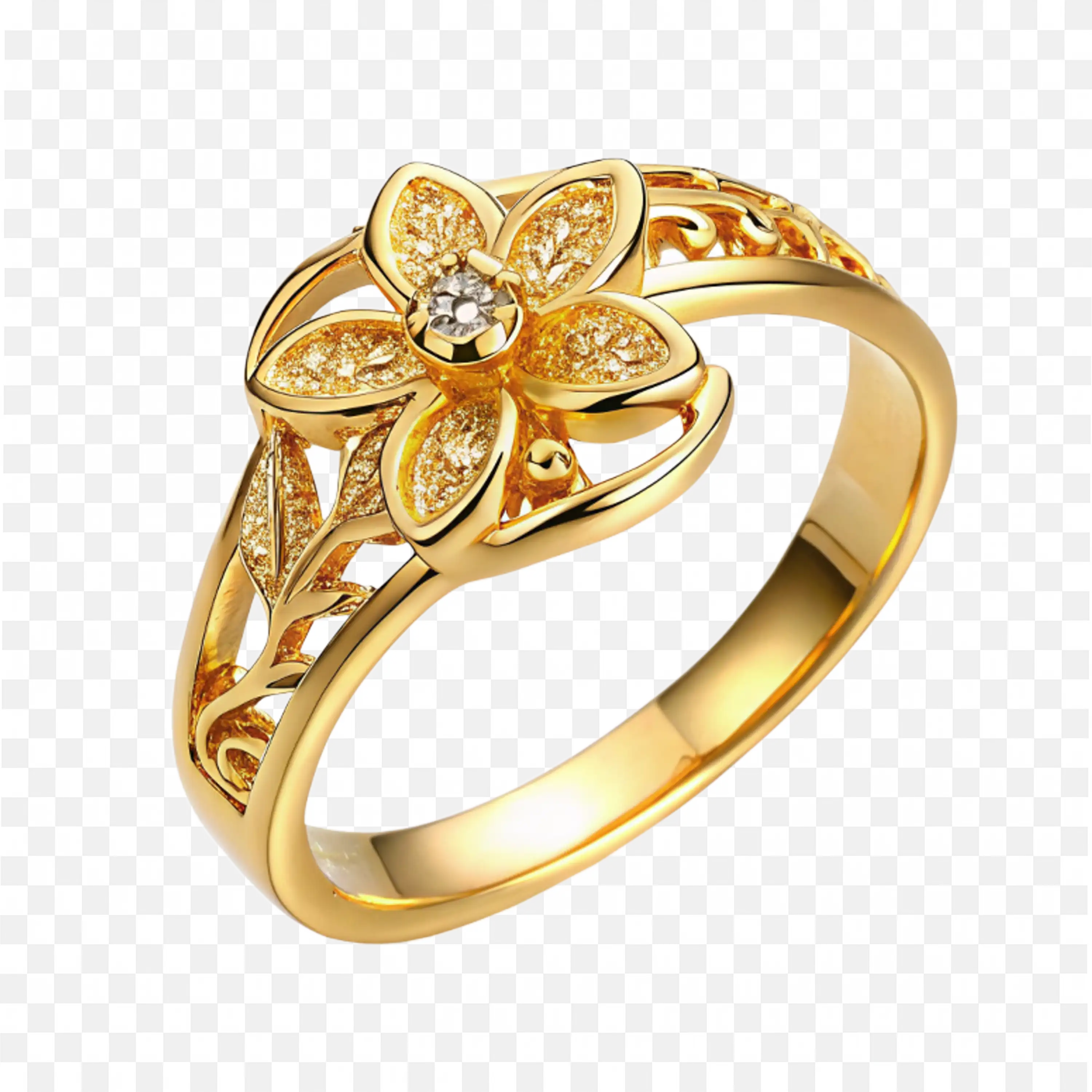 Stylish Flower Gold Ring with Shiny Diamond for Girls Free Png