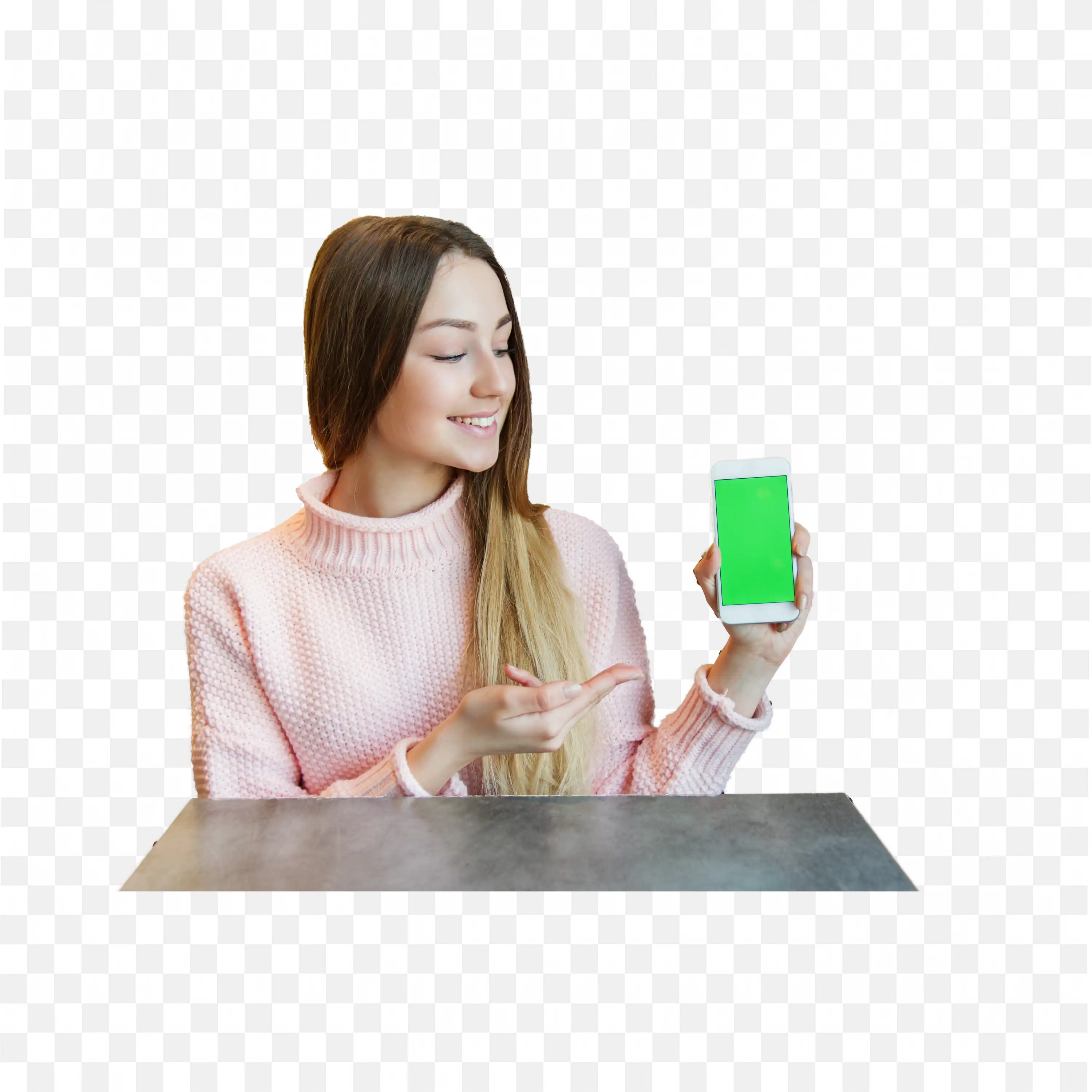 Stylish Woman Looking at Green Screen Smartphone Png Free