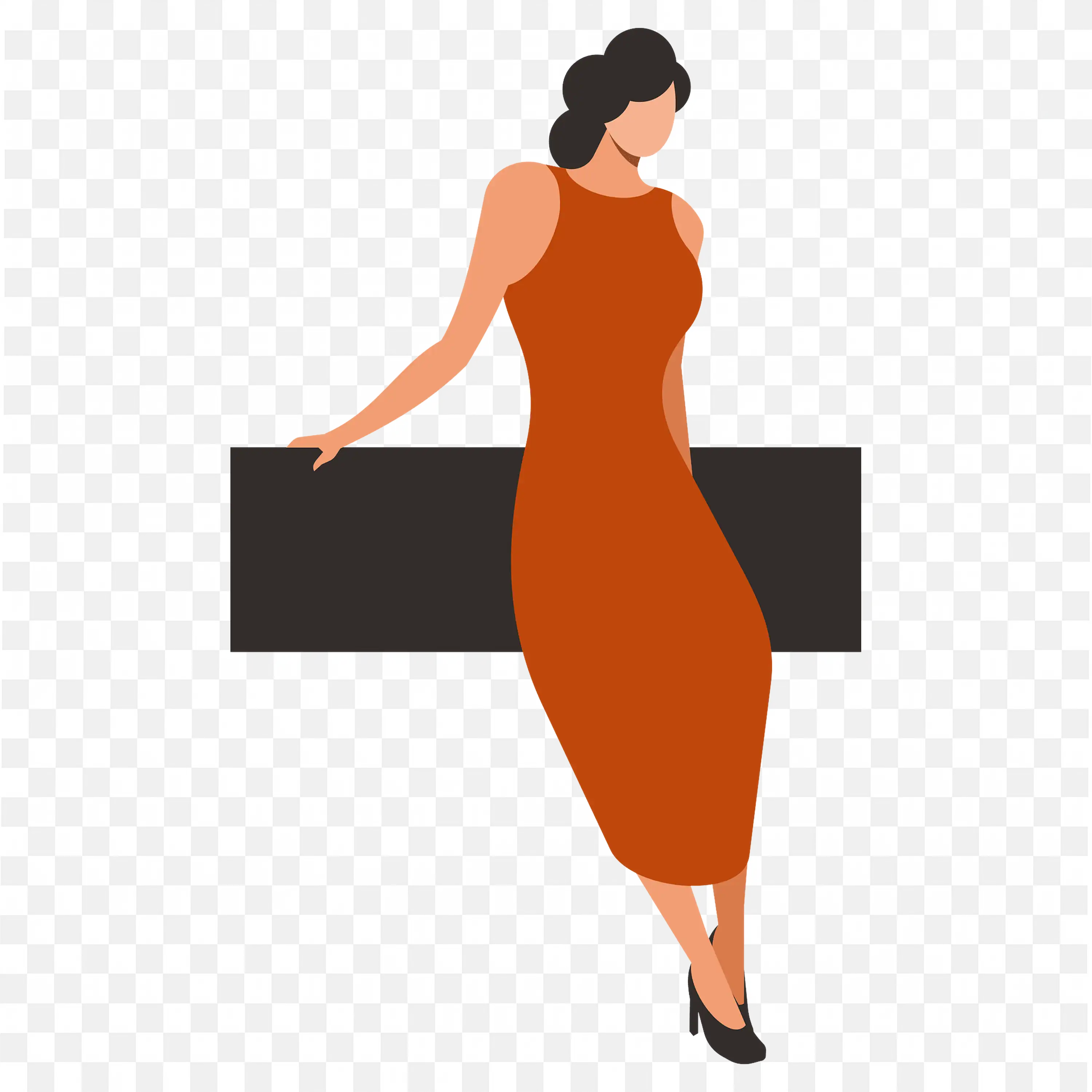 Stylish Woman in Orange Dress Sitting on Black Bench Png