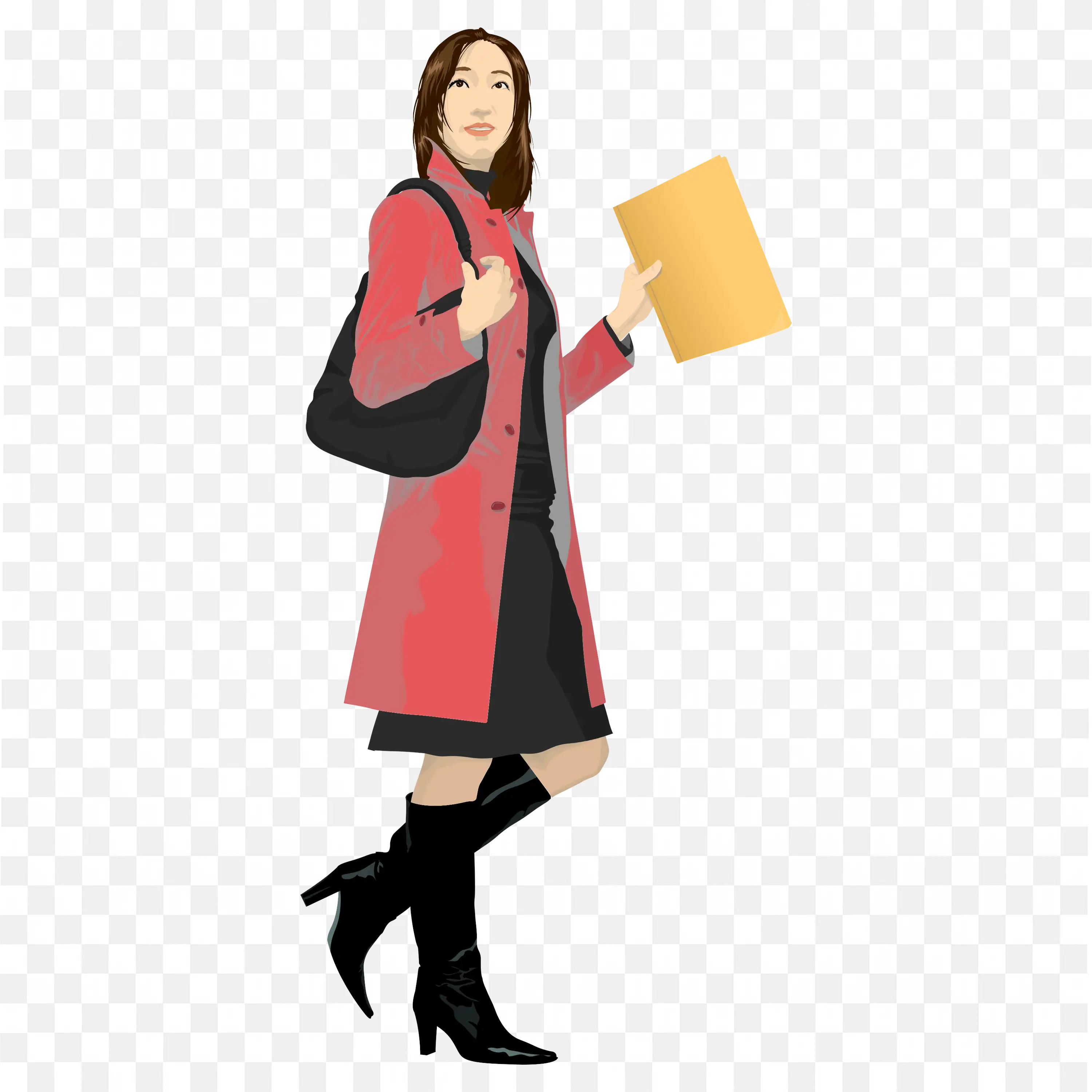 Download the Stylish Woman in Red Coat Walking with a Folder