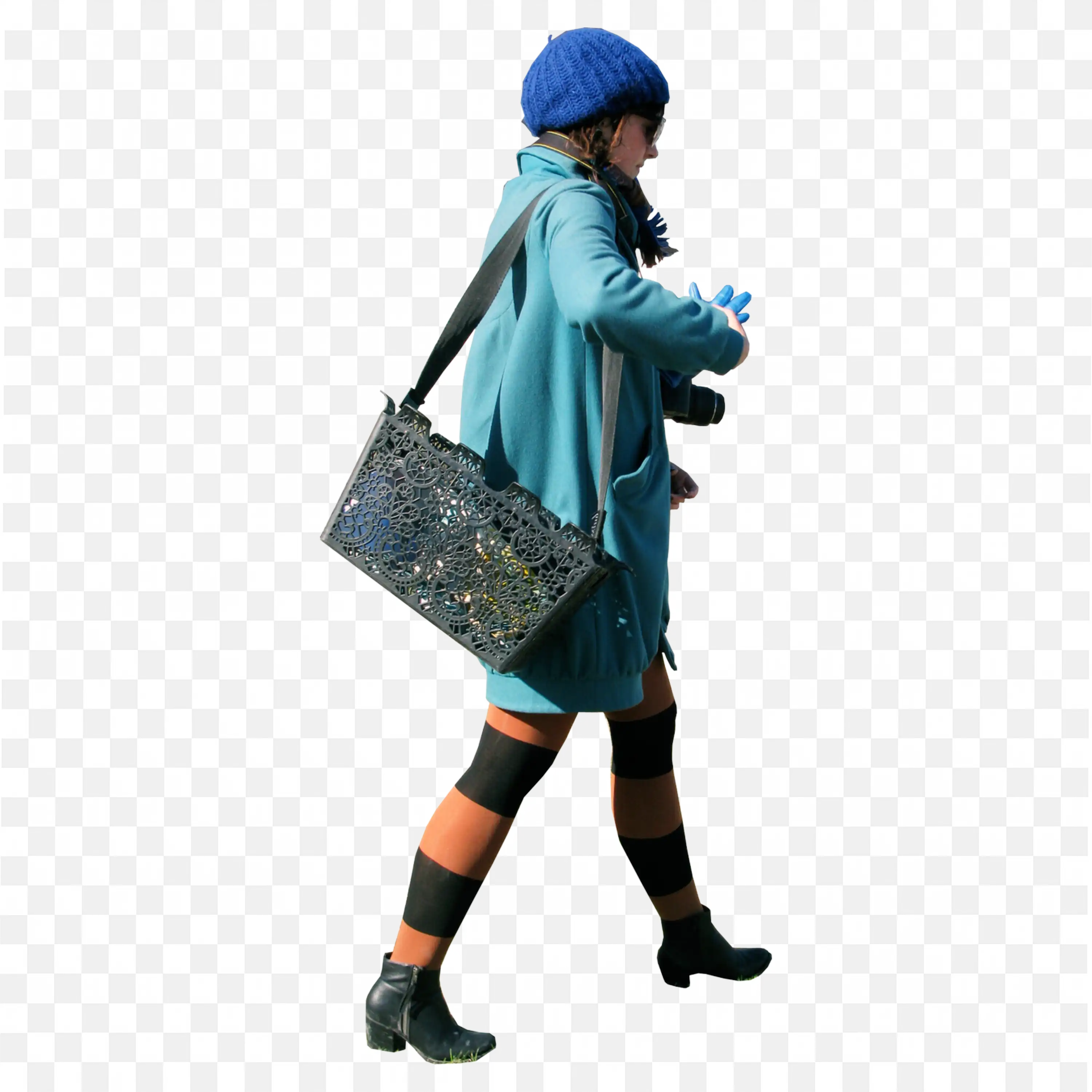 Stylish Woman Walking in Winter Outfit and a Handbag Png