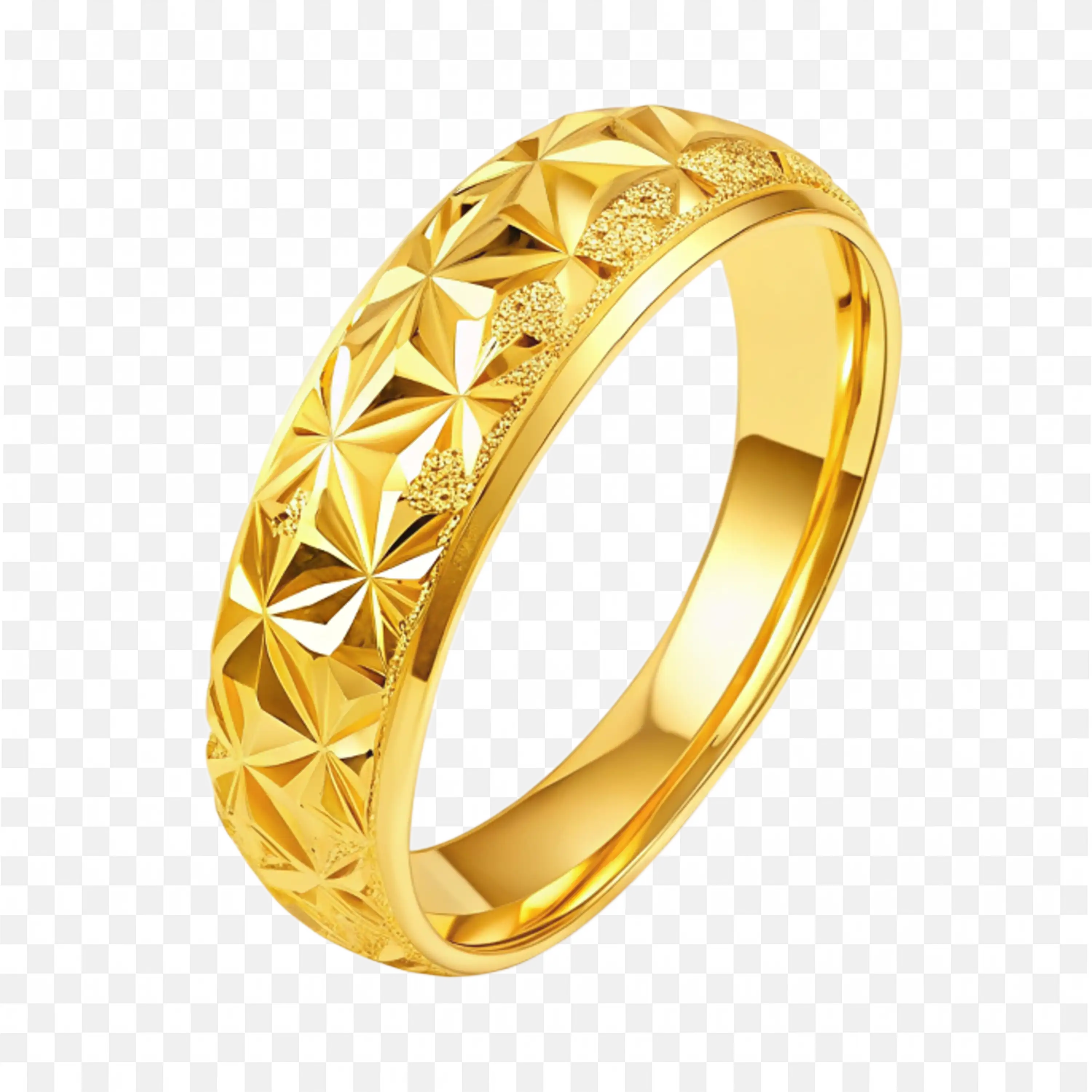 Textured Gold Wedding Band with Unique Geometric Pattern Png