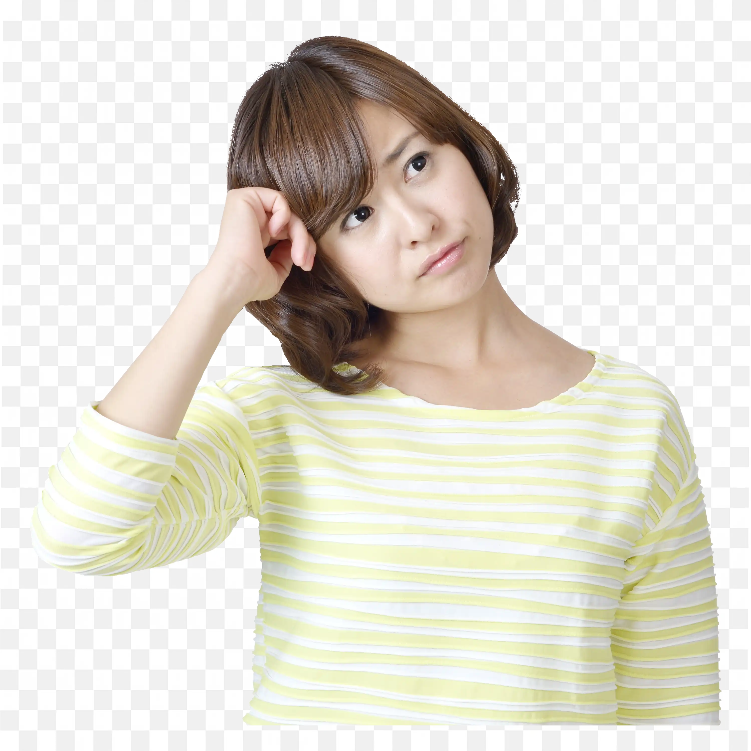Thoughtful Woman in Yellow Line Shirt Touching Head Png