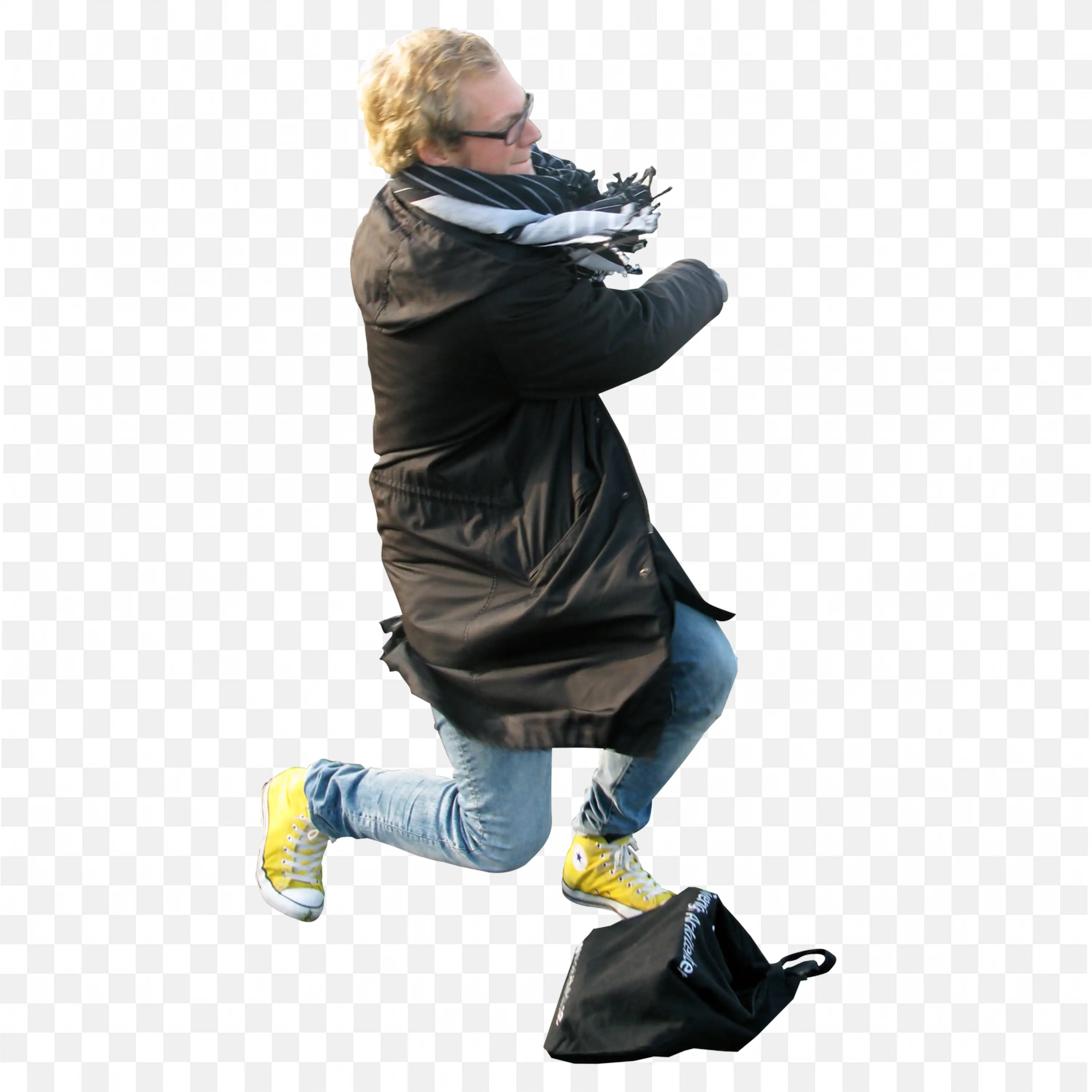 Throwing Pose of a Man in Jacket and Scarf Free Png Download