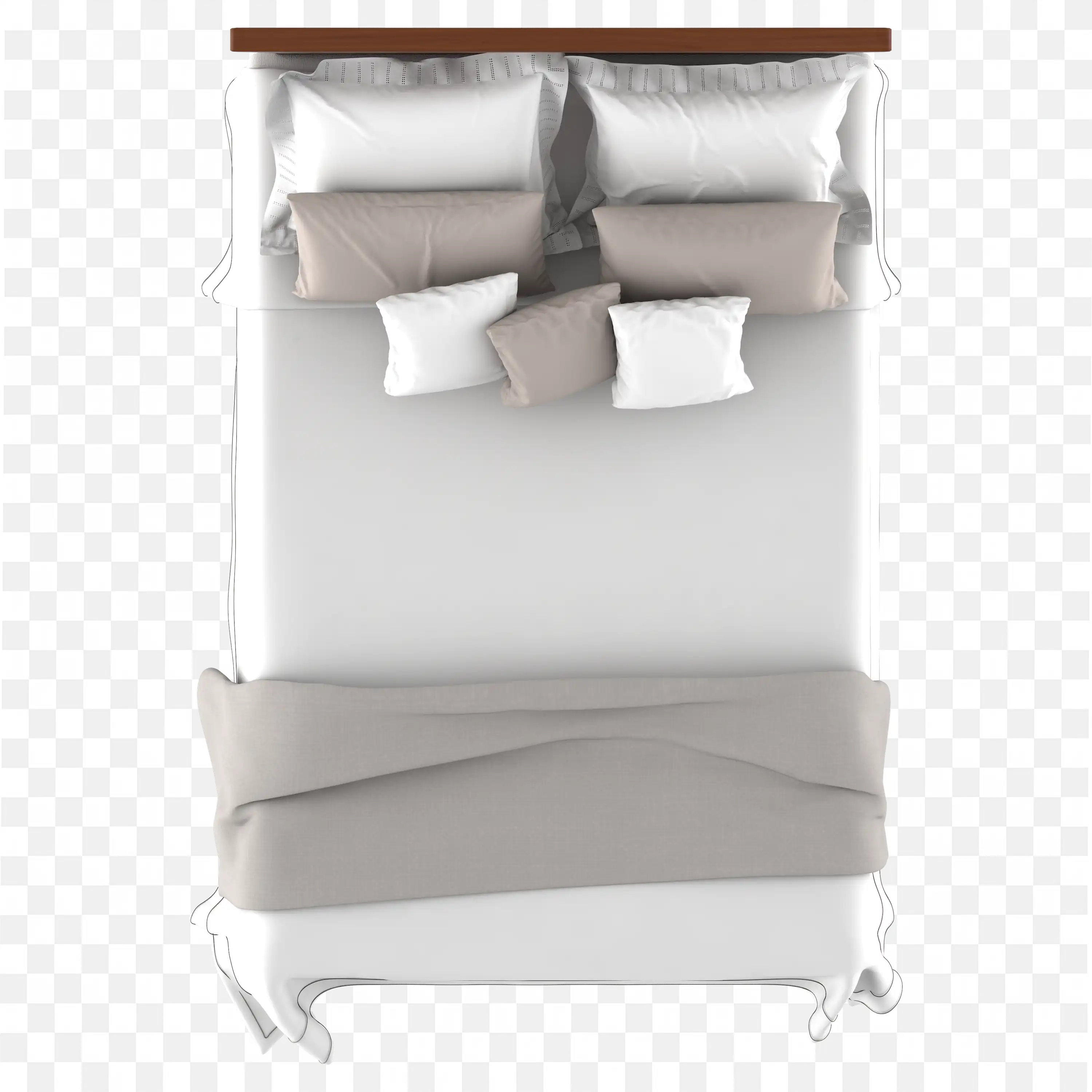 Top View of a Double Bed with Pillows and White Bedding Png