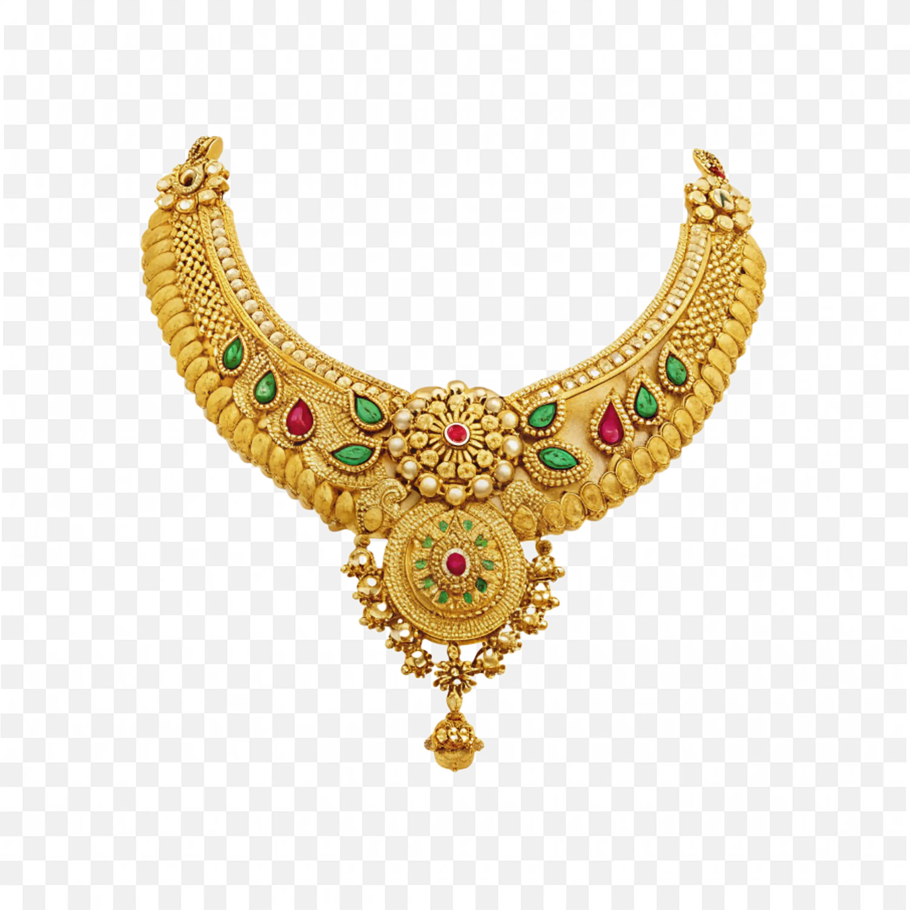 Traditional Necklace with Red and Green Gemstone Drops Png