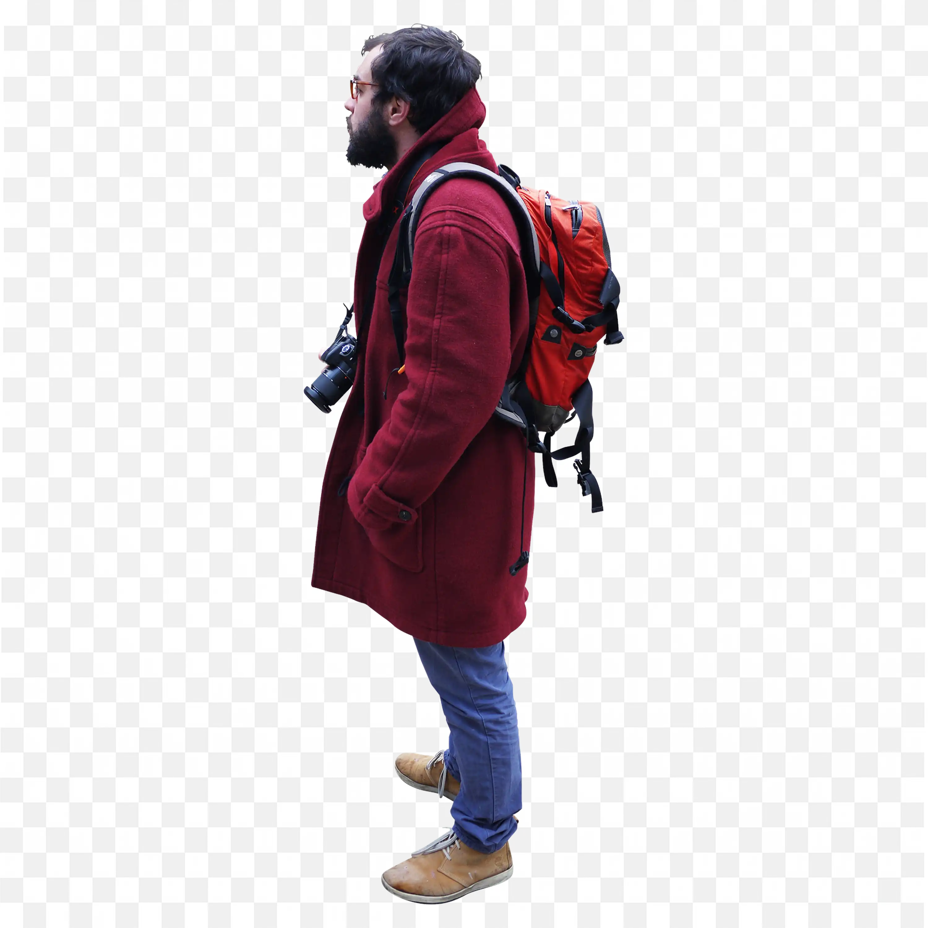 Traveler in Red Coat with Backpack and Camera Looking Pnga