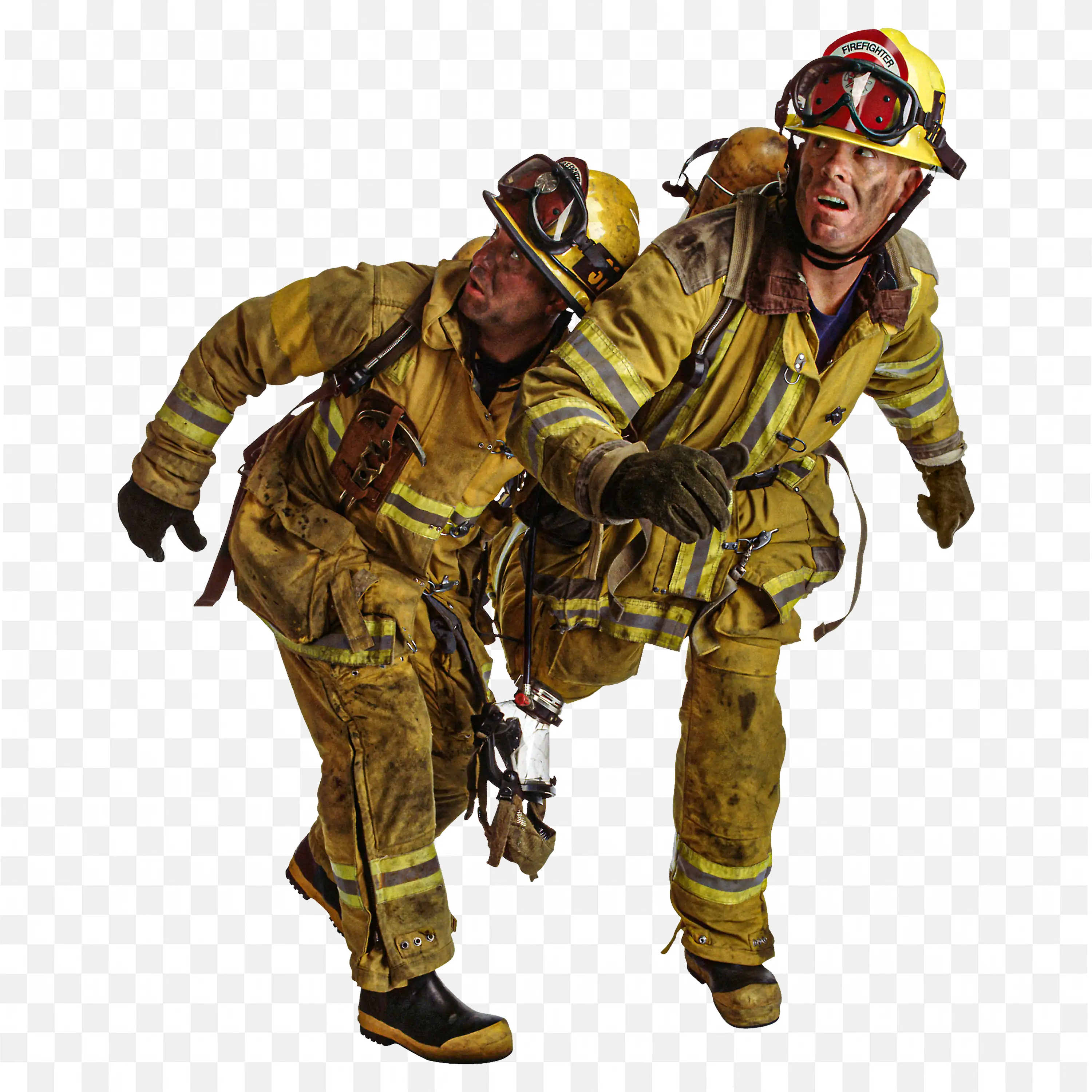 Two Firefighters in Full Uniform Running to Handle Emergency