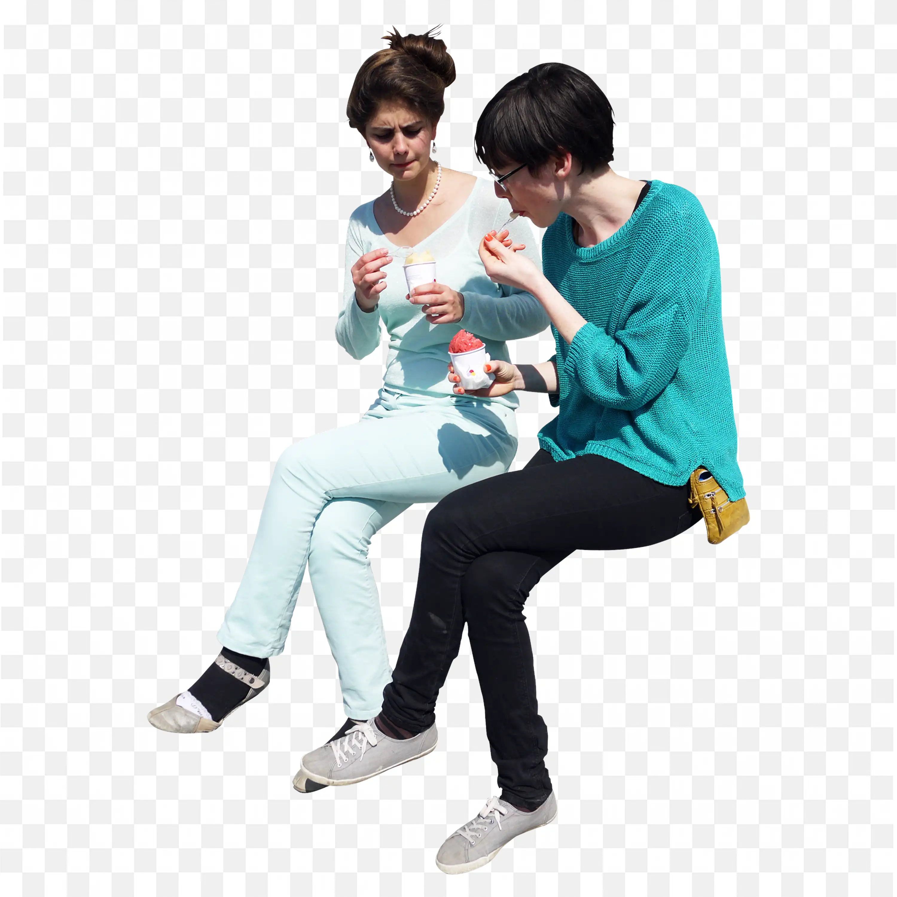 Two Friends Sitting and Chatting While Eating Snacks Png