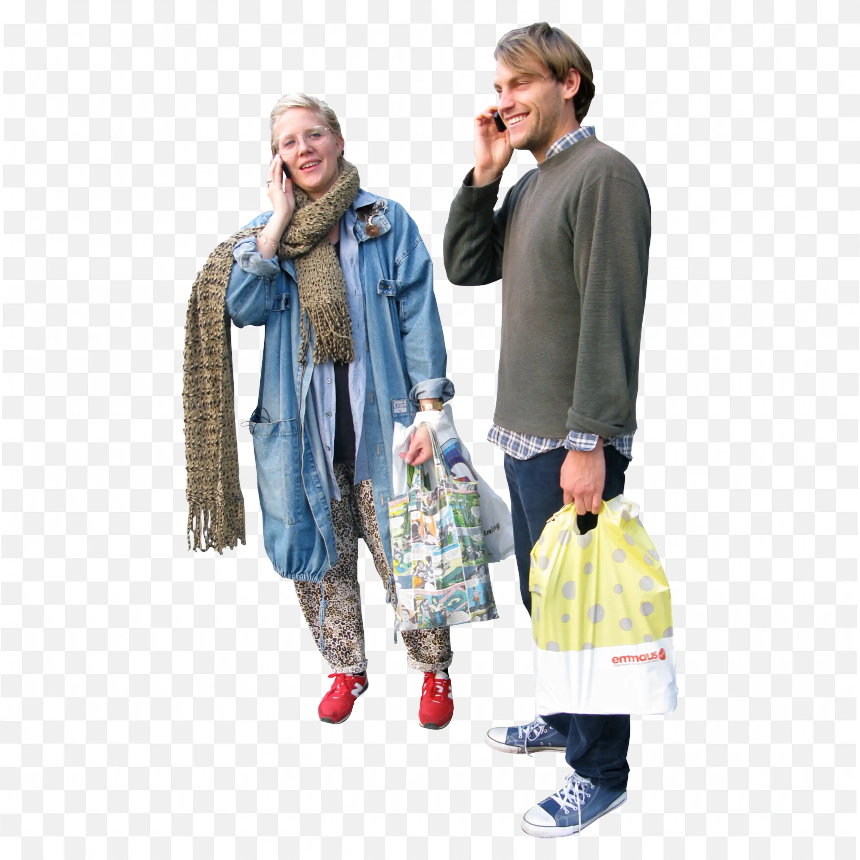 Two People with Casual Street Wear Talking on Phones Png