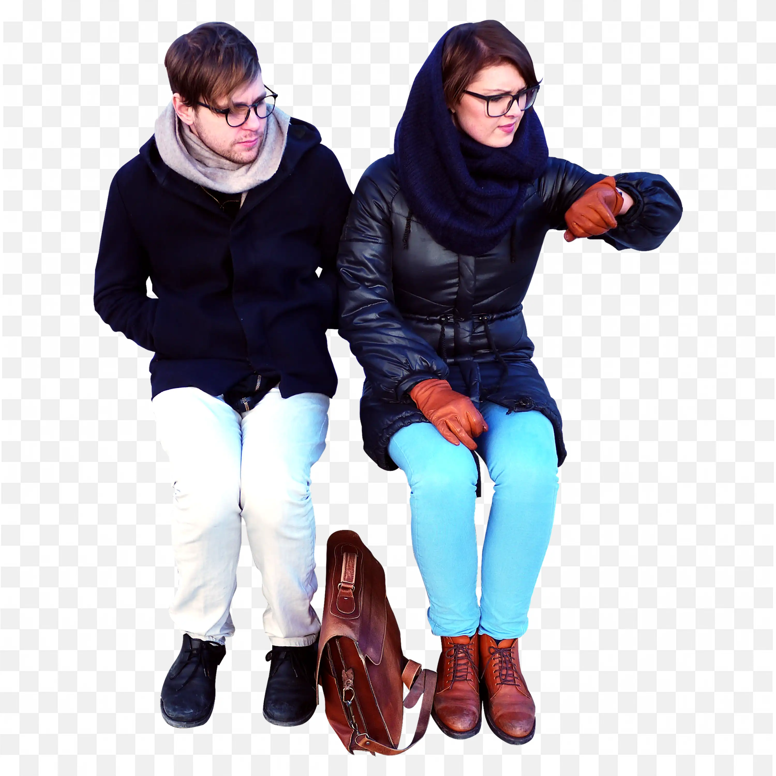 Two People Sitting Together with Winter Clothes and Bag