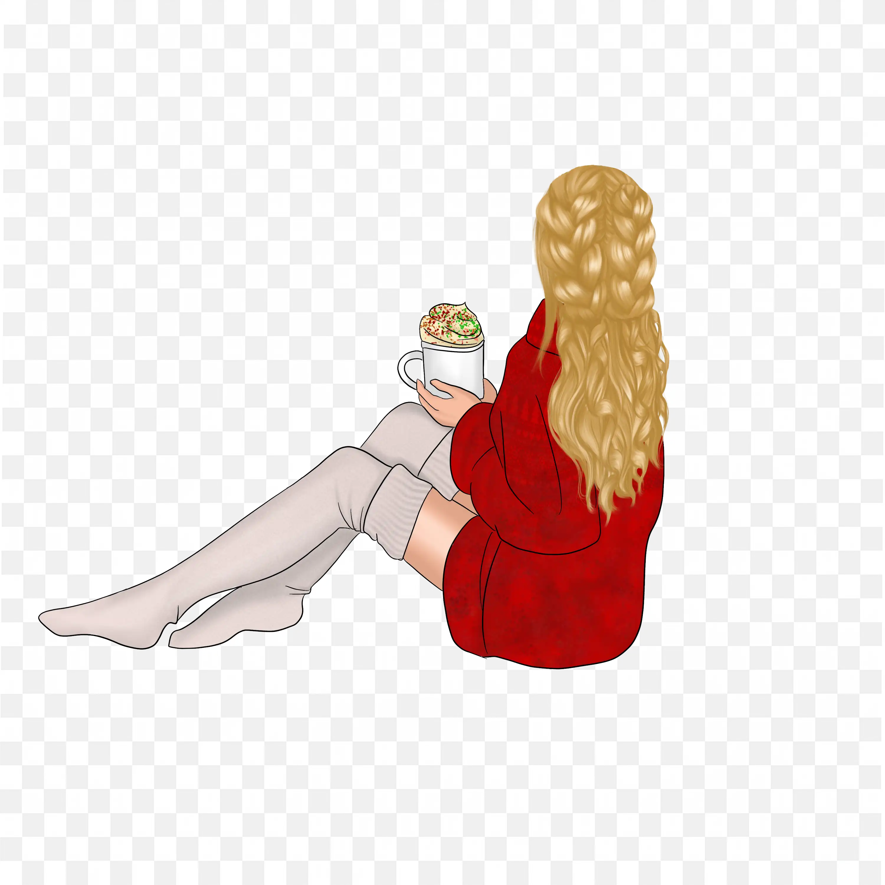 White Braided Hair Girl in Red Dress and Socks in Legs Png