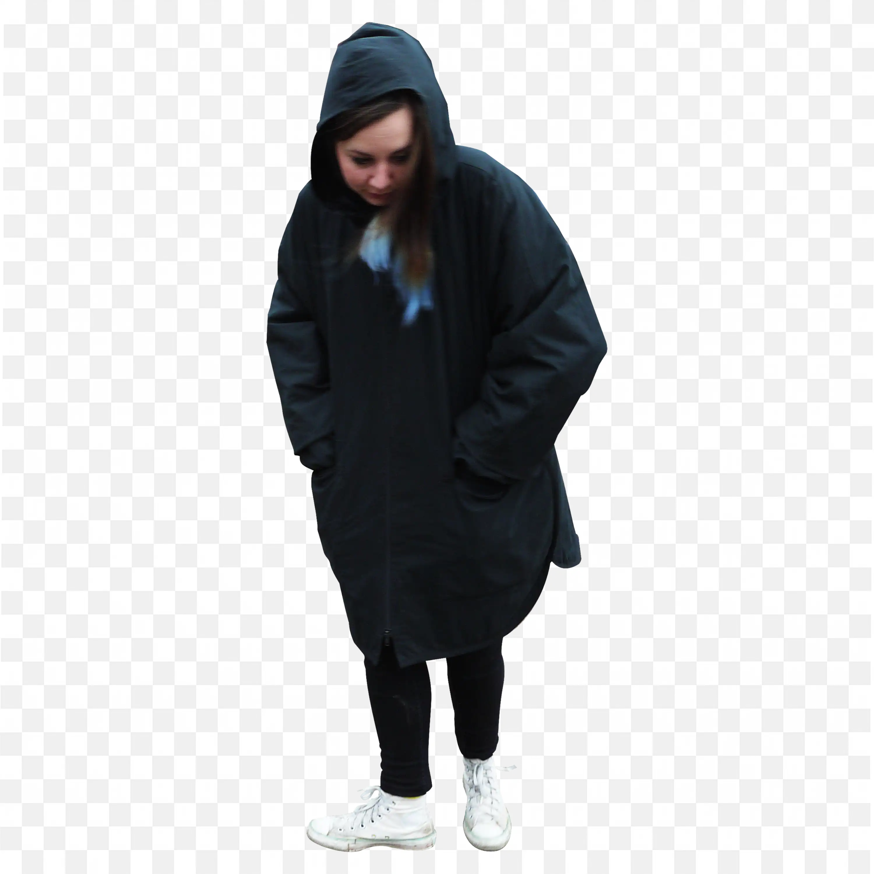 Png Image of a Woman in Black Coat and White Shoes Walking