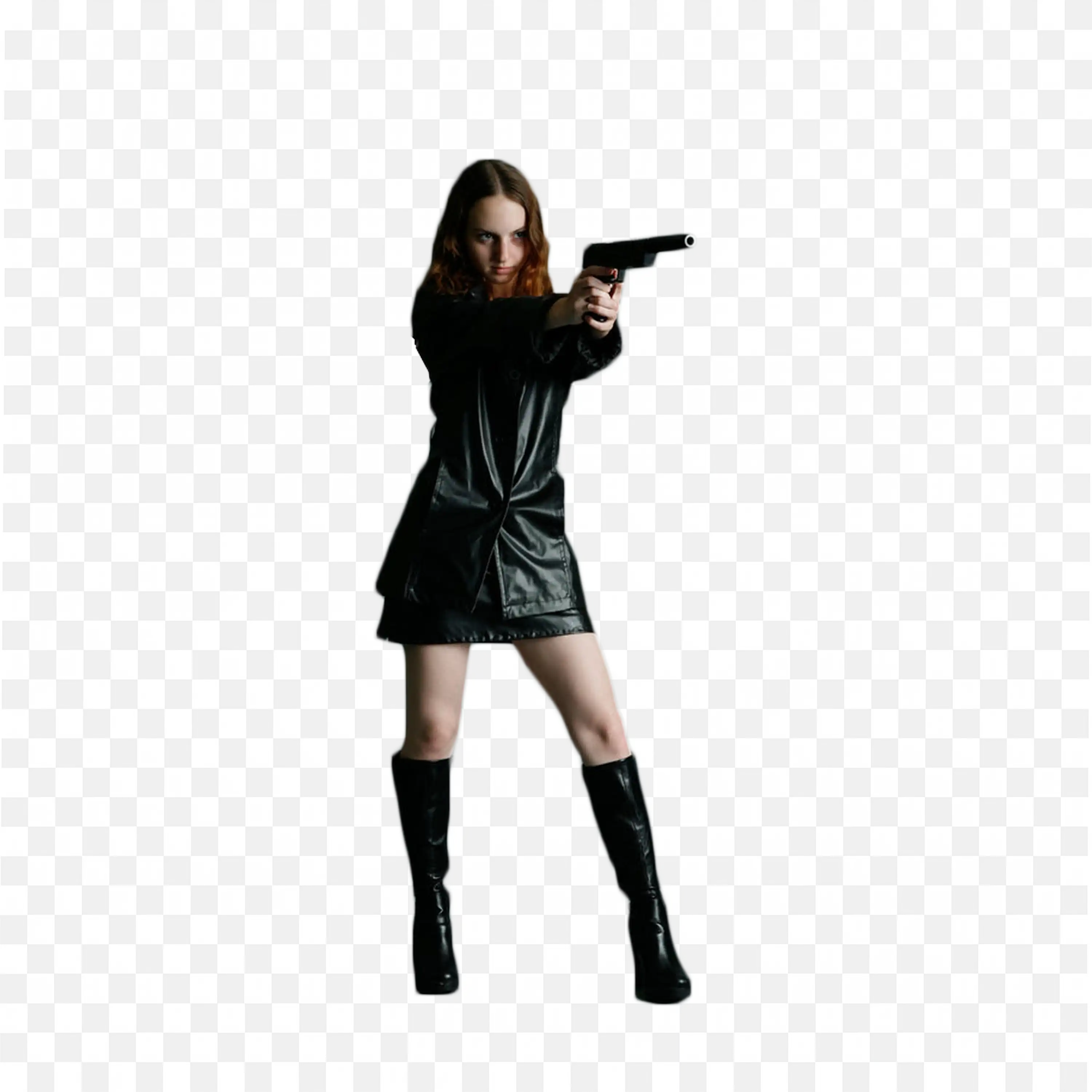 Woman in Black Dress Aiming Gun in Bold Pose Png for Free