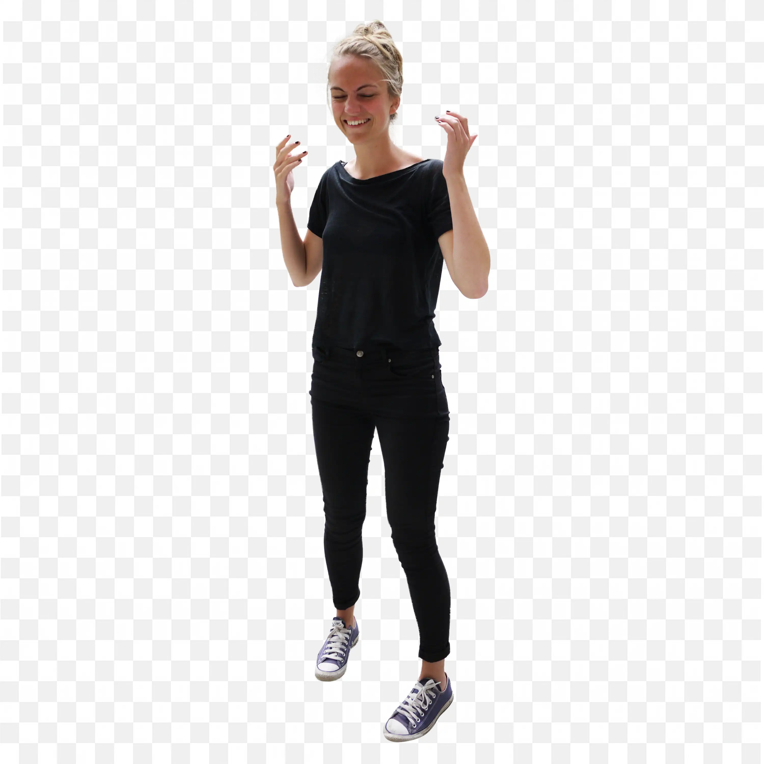 Woman in Black T Shirt and Pants Standing with a Smile Png