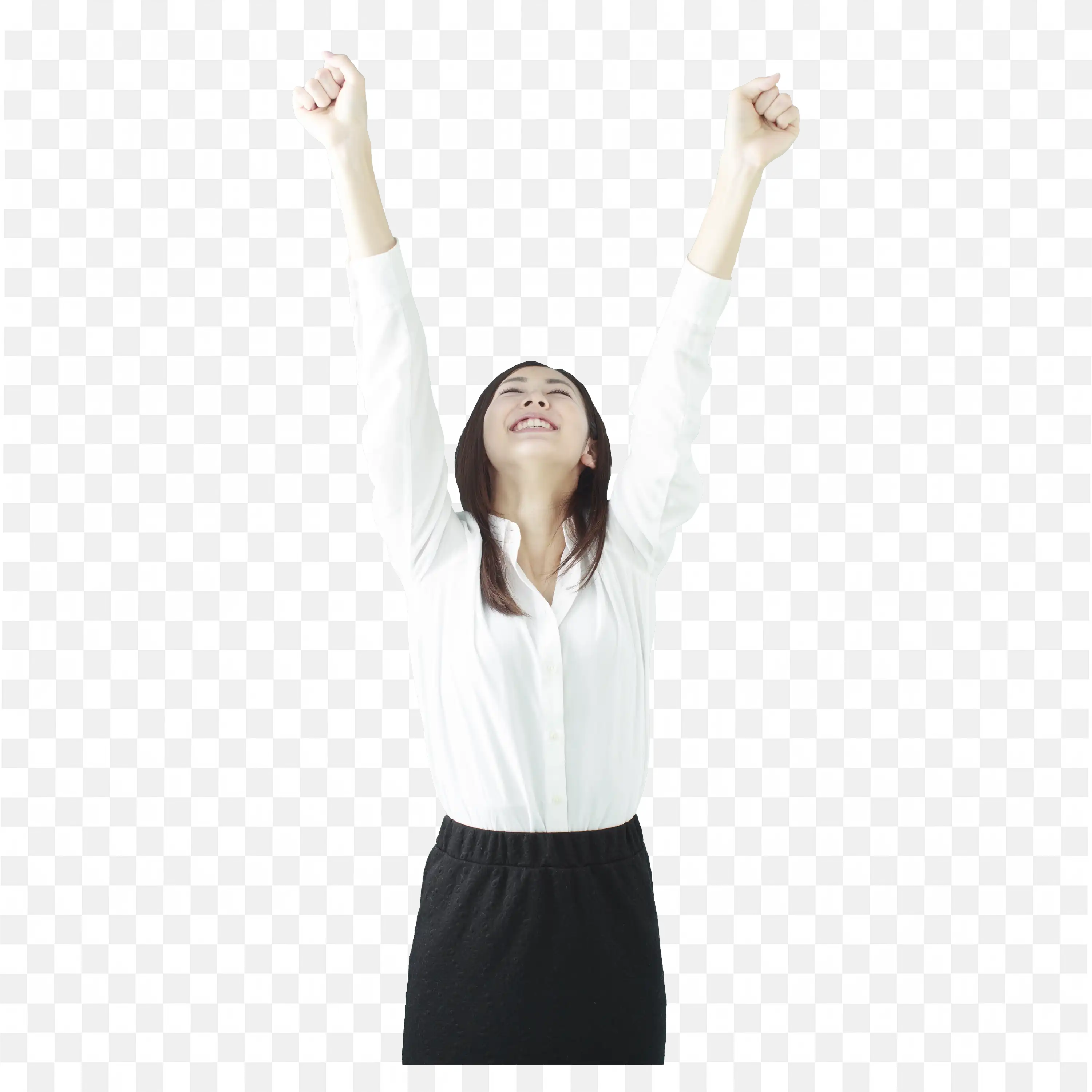 Woman Celebrating Success with Arms Up and Eyes Closed Png