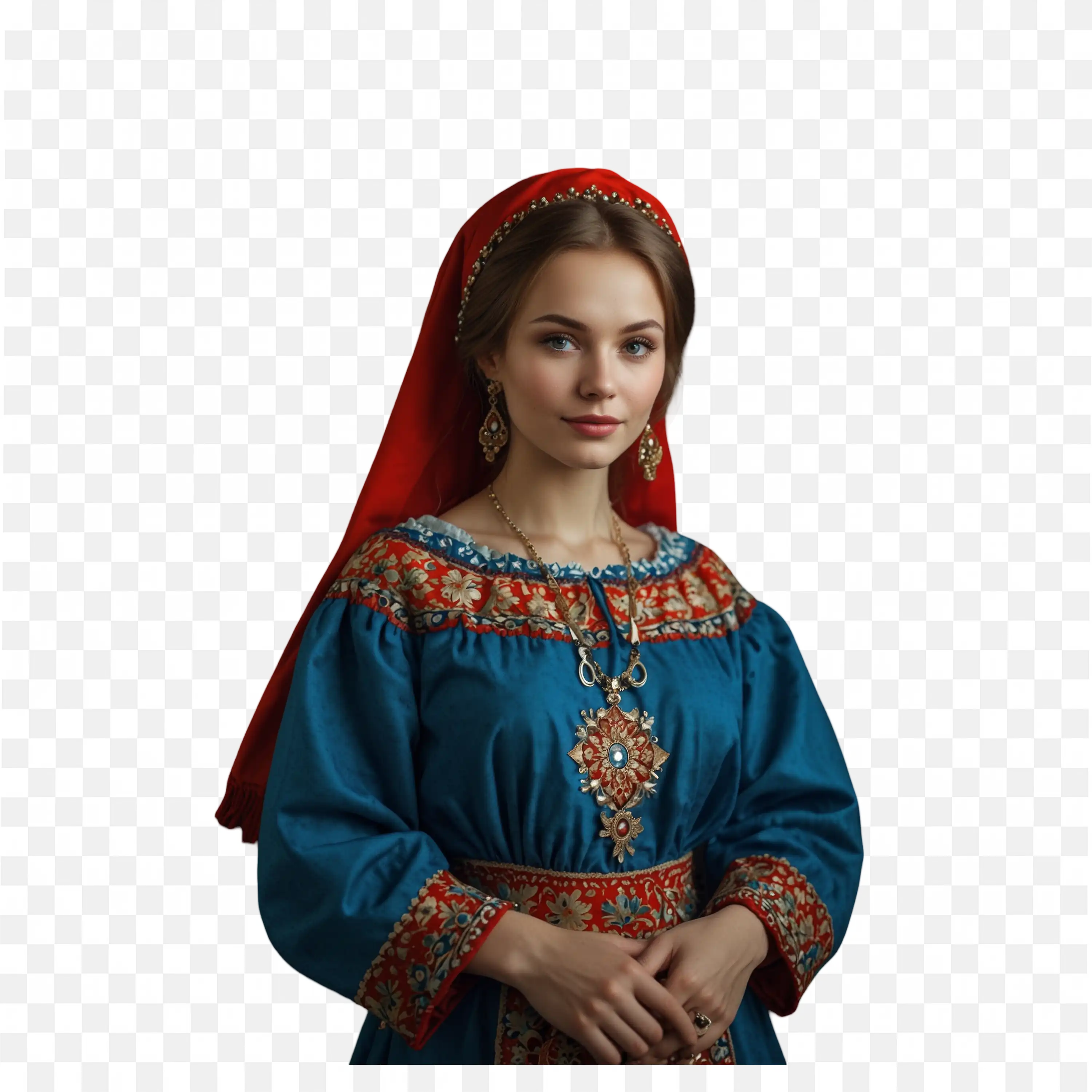 Woman Dressed in a Traditional Blue Dress and Red Scarf