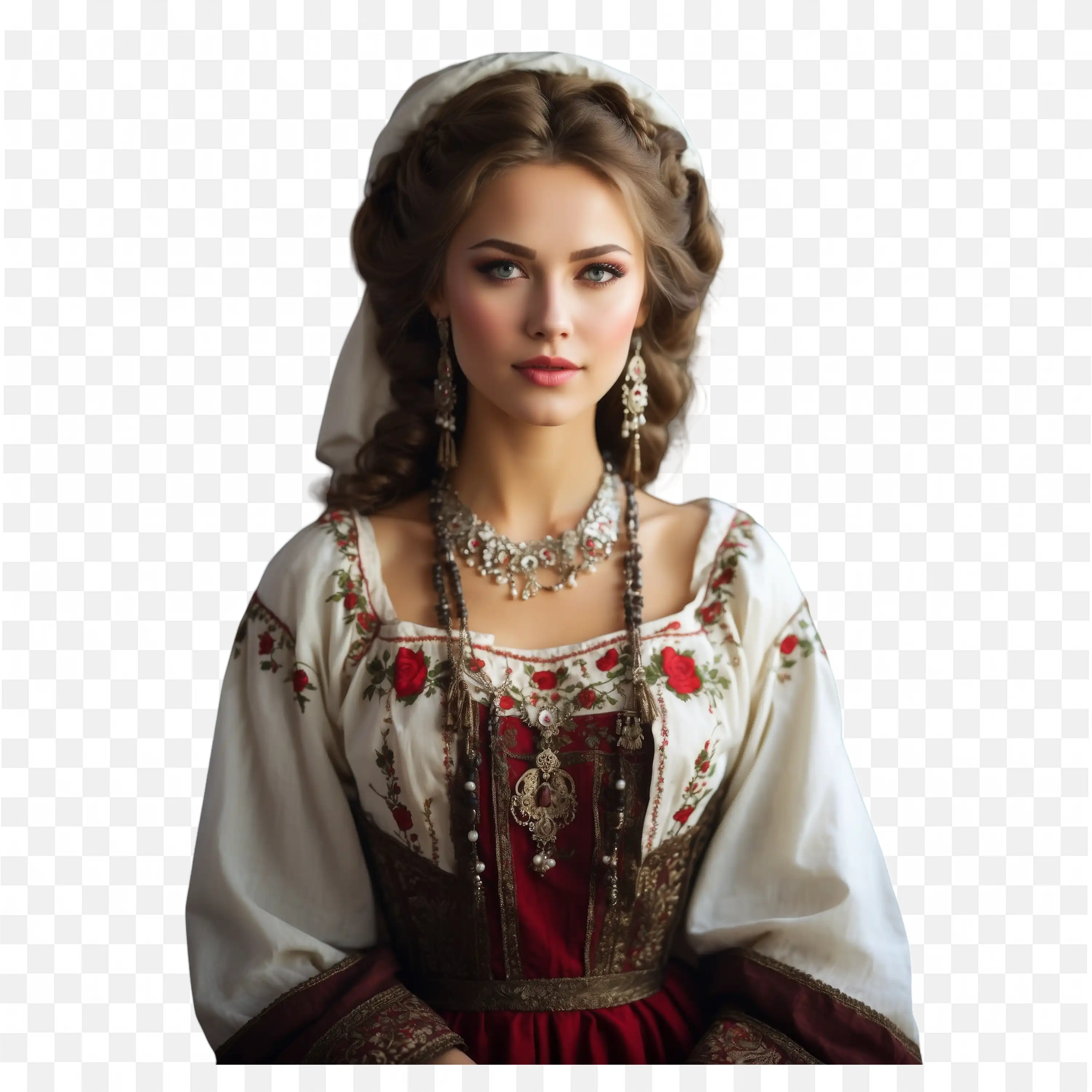 Woman Dressed in White and Red Traditional Gown with Jewelry