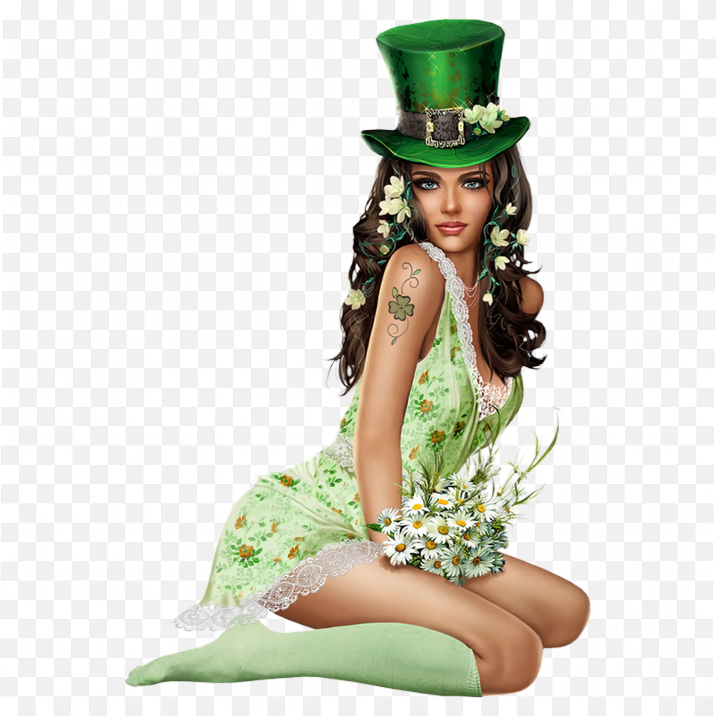 Woman in Fantasy Green Costume with Hat Sitting Image Free