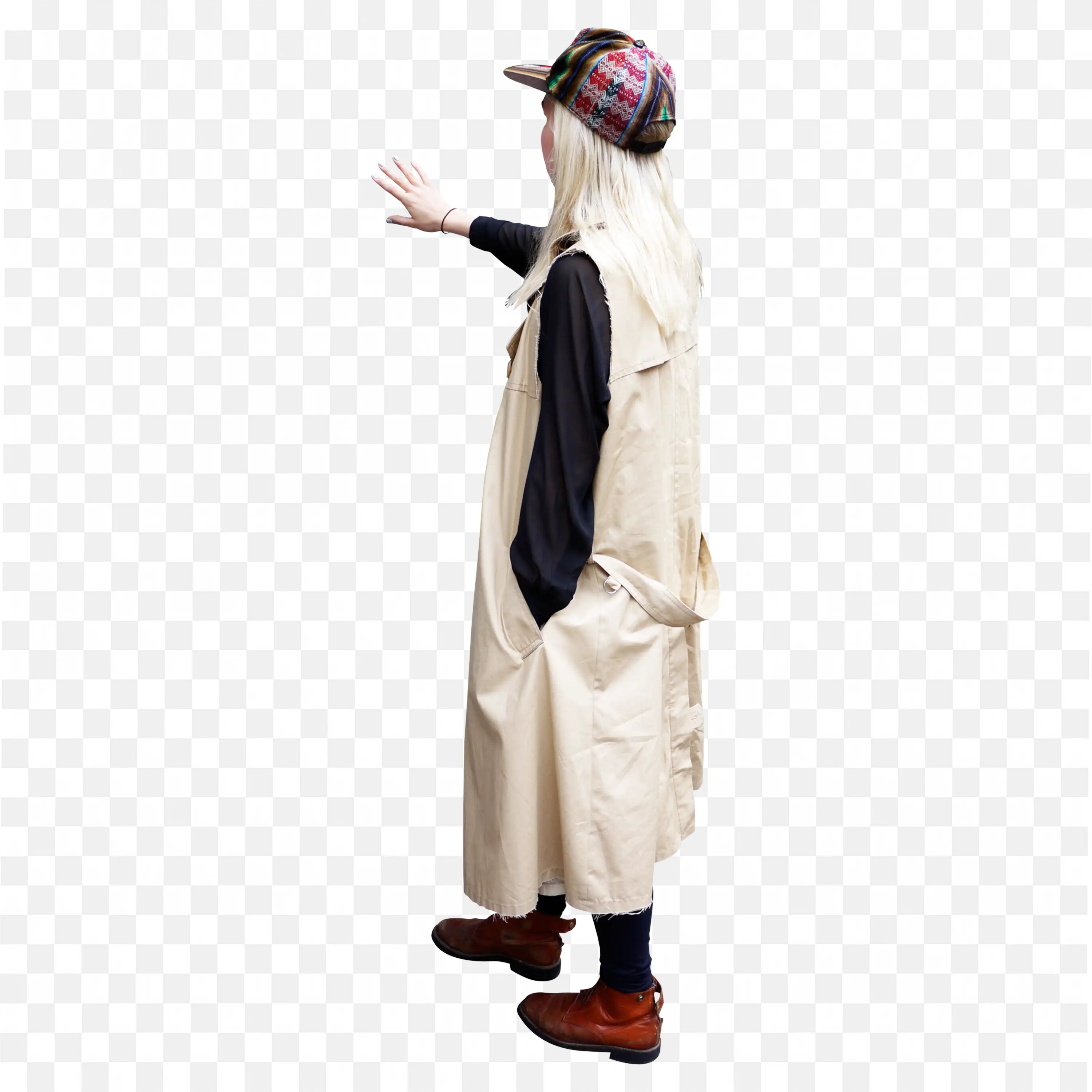 Woman with Hat and Coat Standing with Hands in Pockets Png