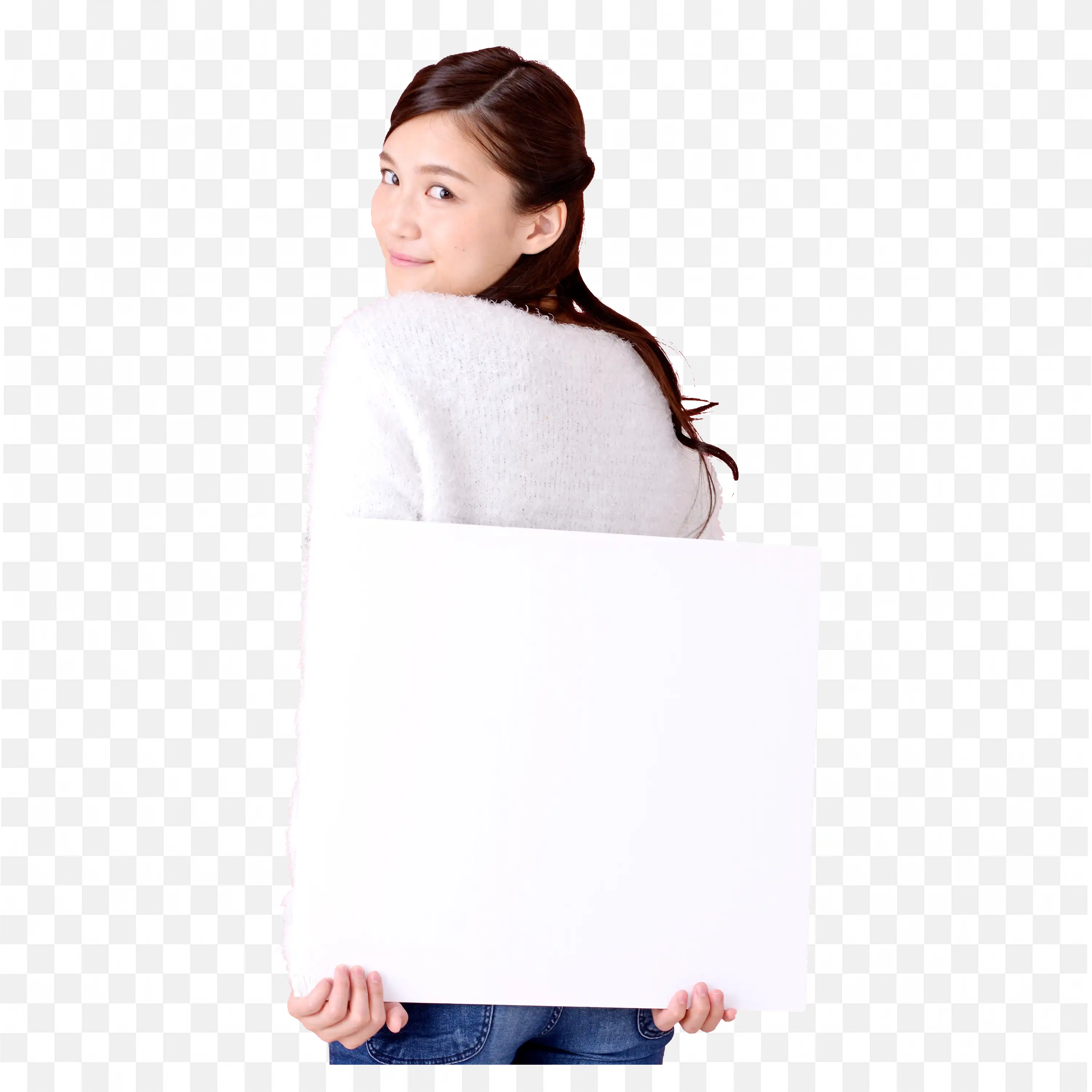Woman Holding Blank White Board While Looking Back Png
