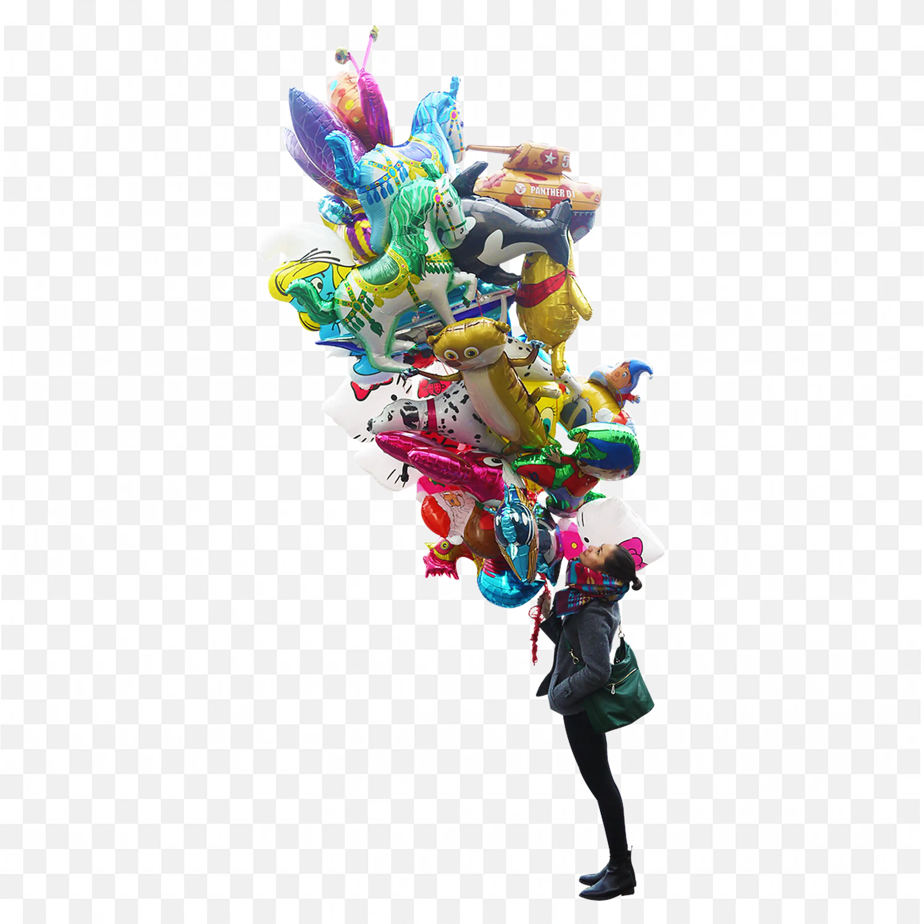 Woman Holding a Bundle of Colourful Balloons Png for Free