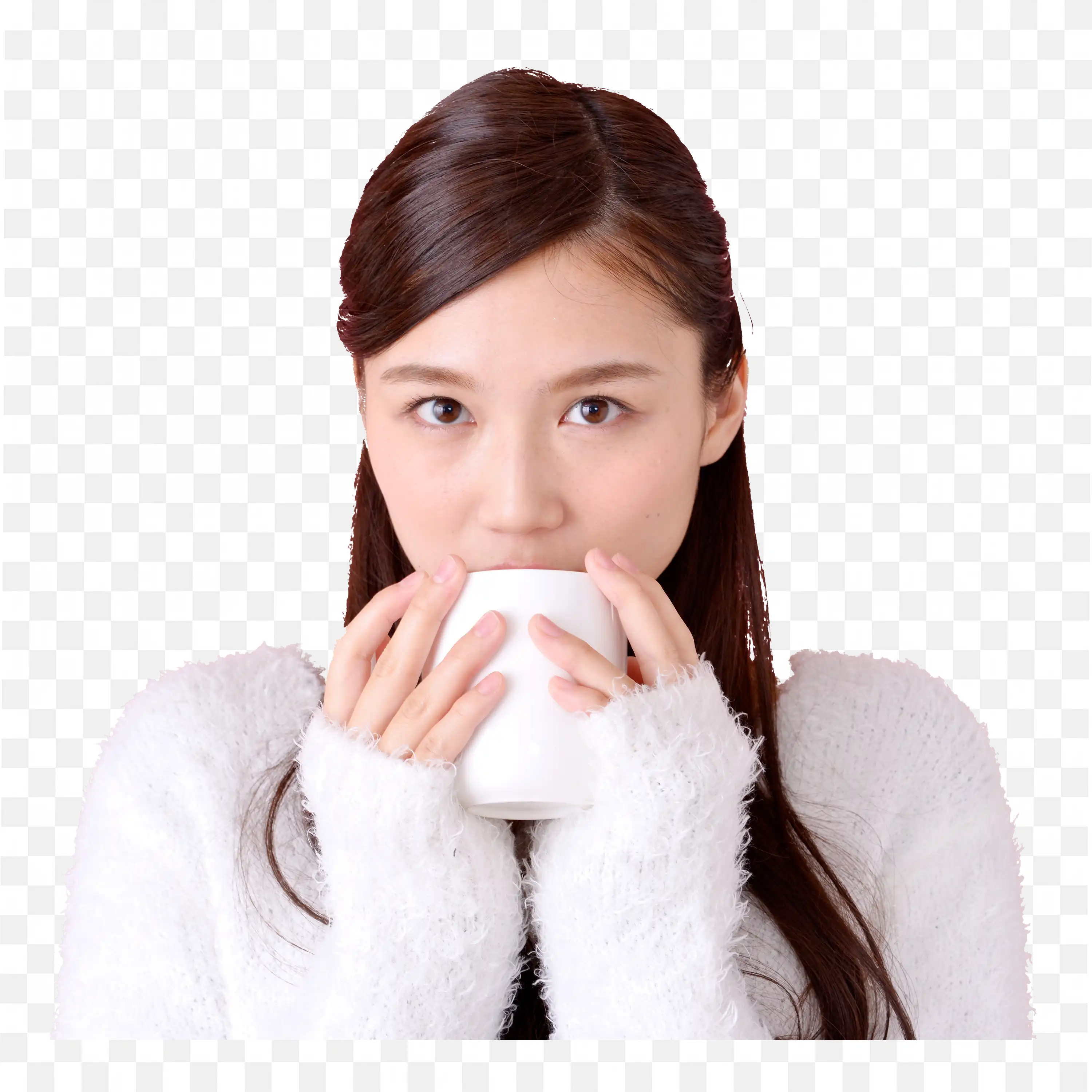 Woman Holding a White Mug with Warm Expression Png Free