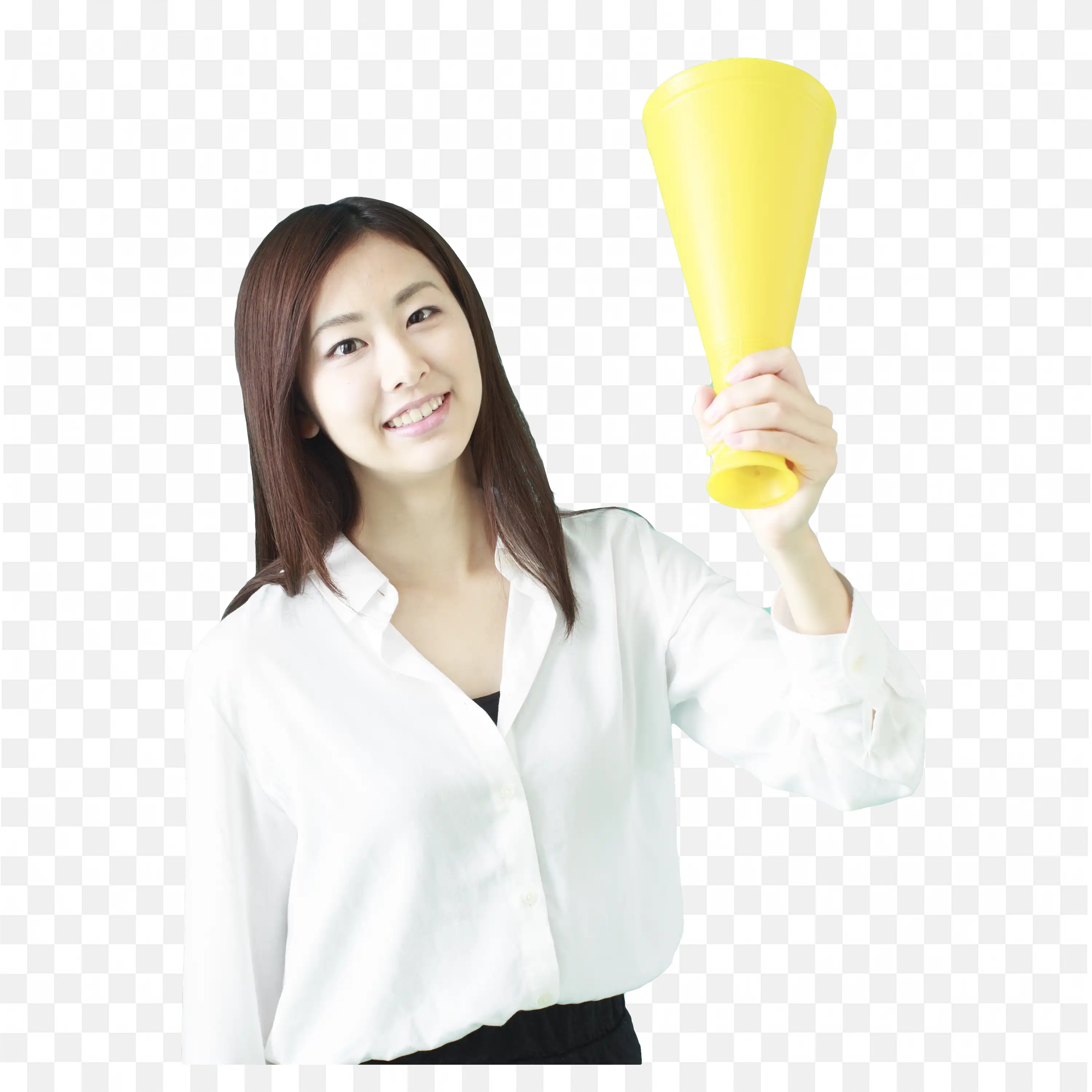 Woman Holding Yellow Cone Megaphone and Smiling Png Free