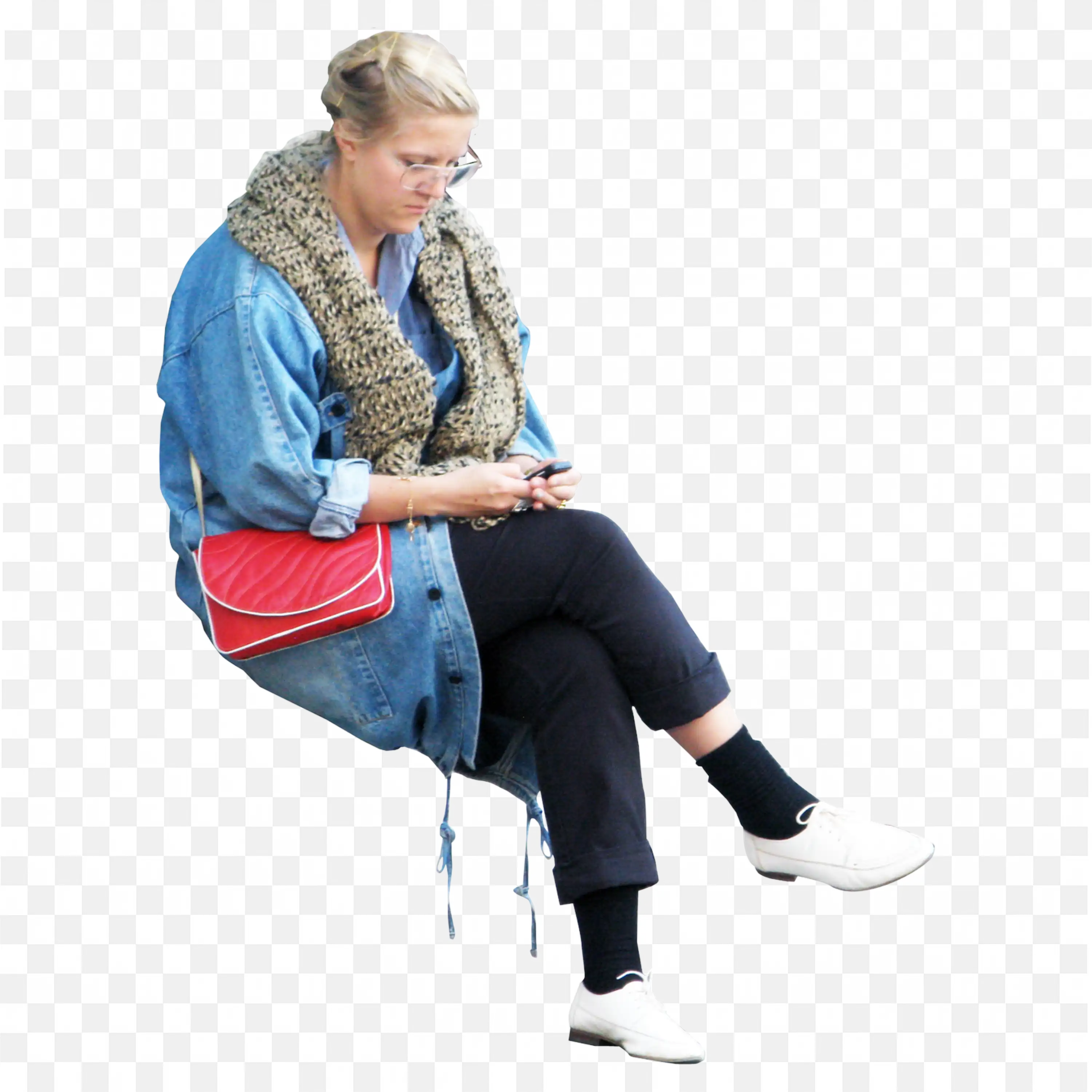 Woman in Jeans Fabric Jacket Texting on Phone Free Png Image