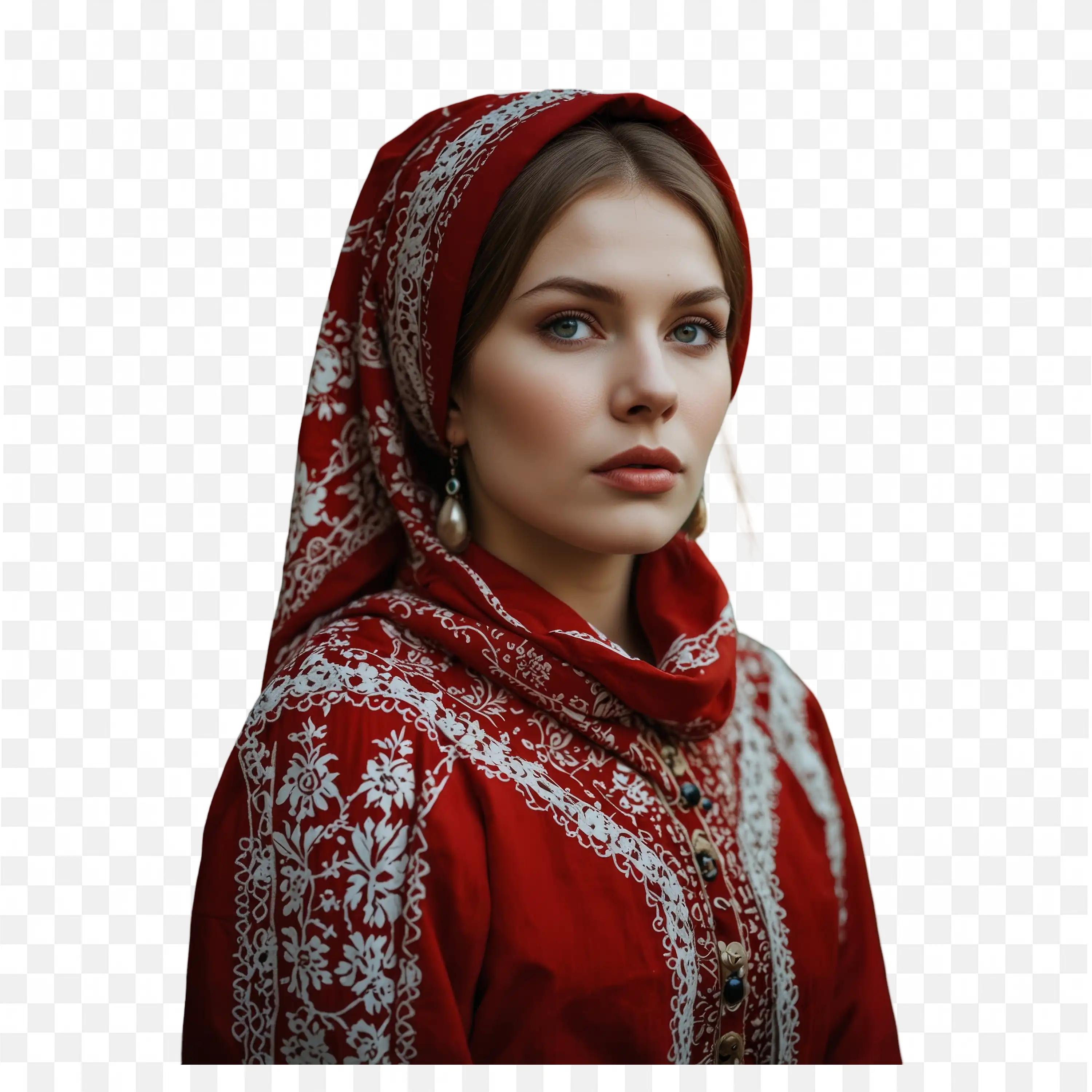 Woman in Red Traditional Outfit with Headscarf Posing Png