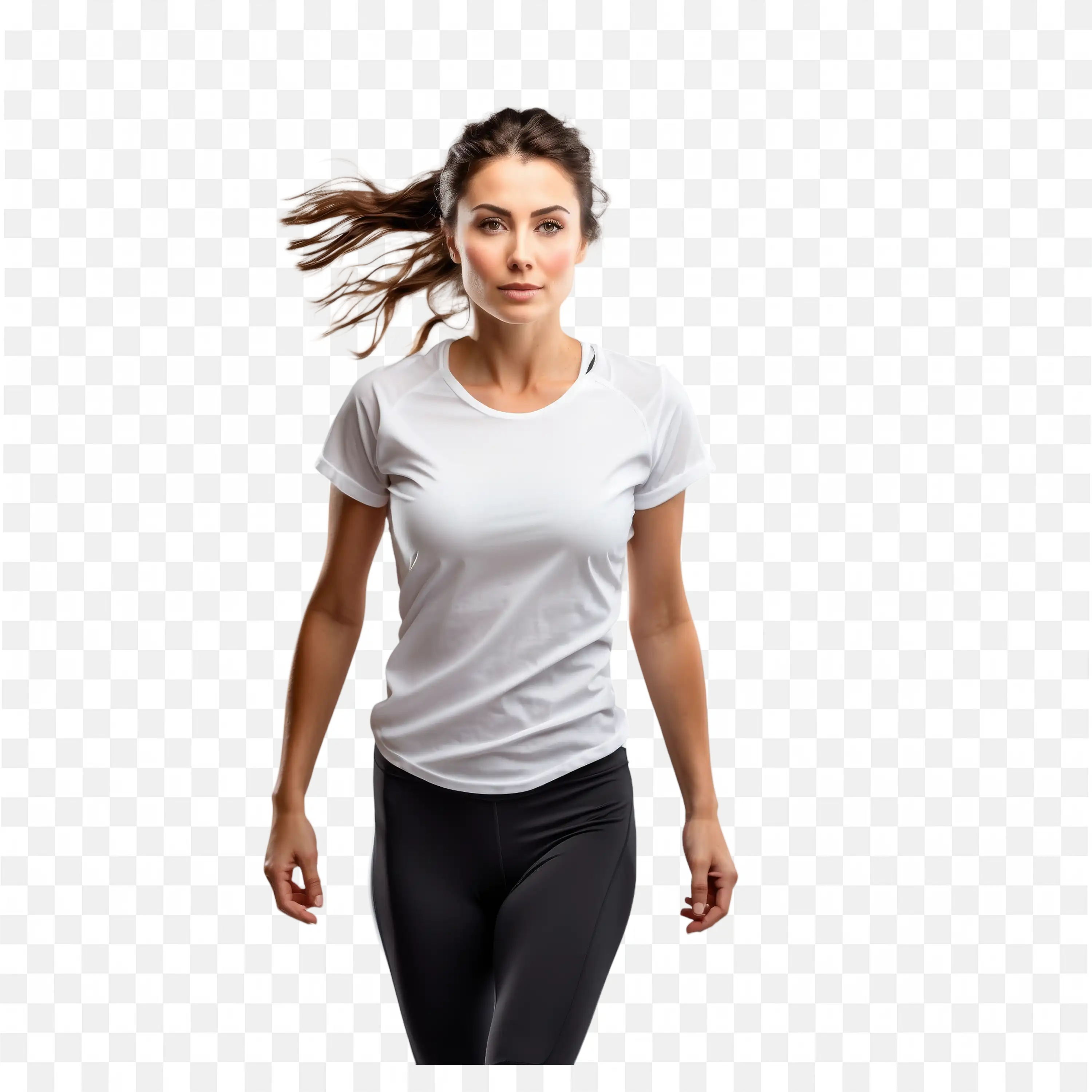 Woman Running in White Sportswear and Black Leggings Png