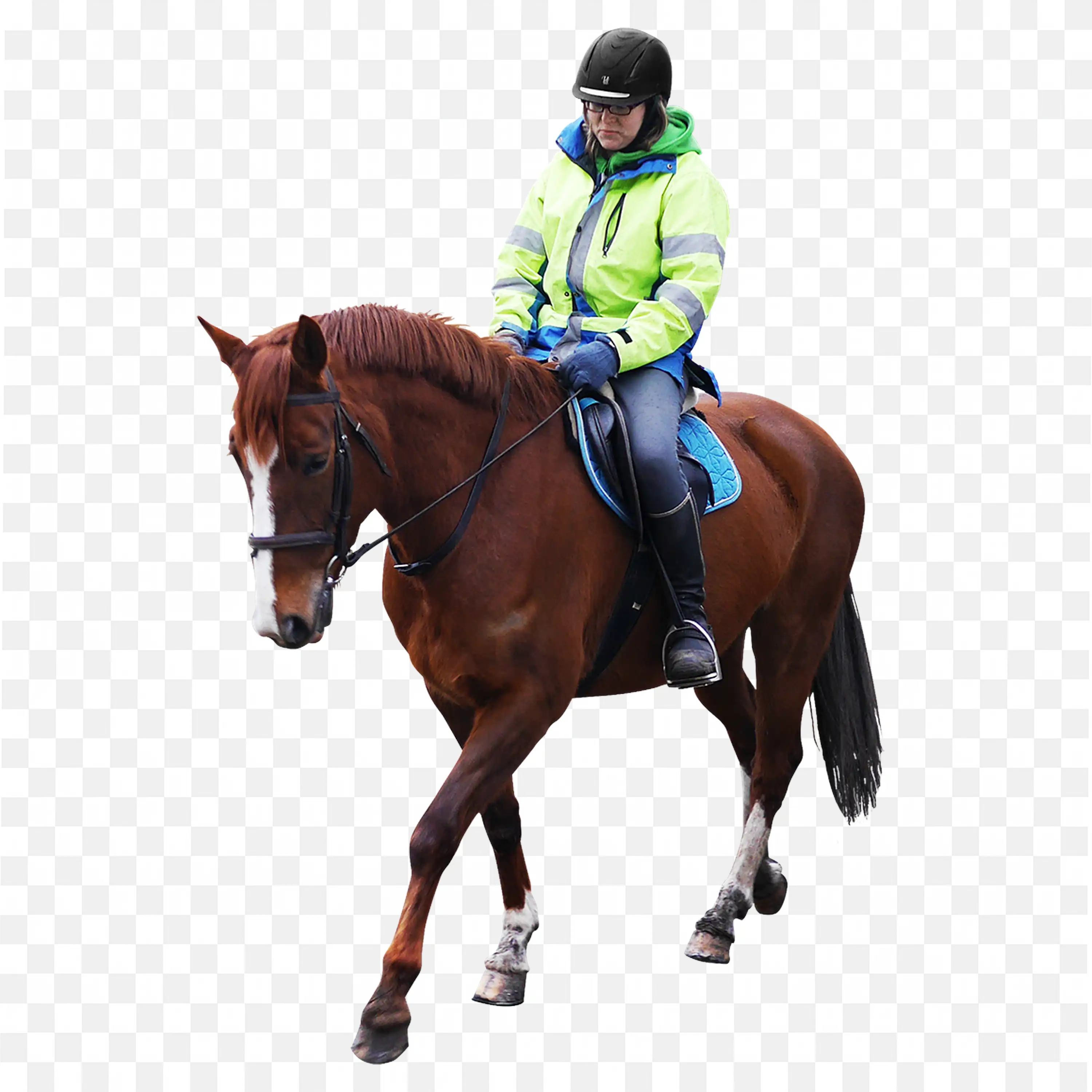 Woman in Safety Jacket and Glasses Riding a Brown Horse Png