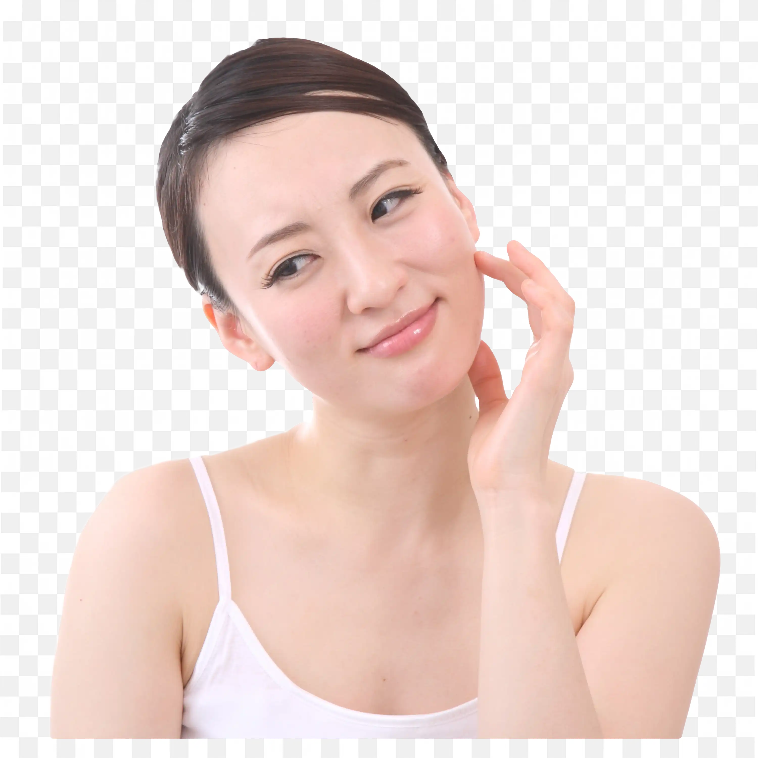 Woman Smiling and Touching Her Face Png Image Free Download