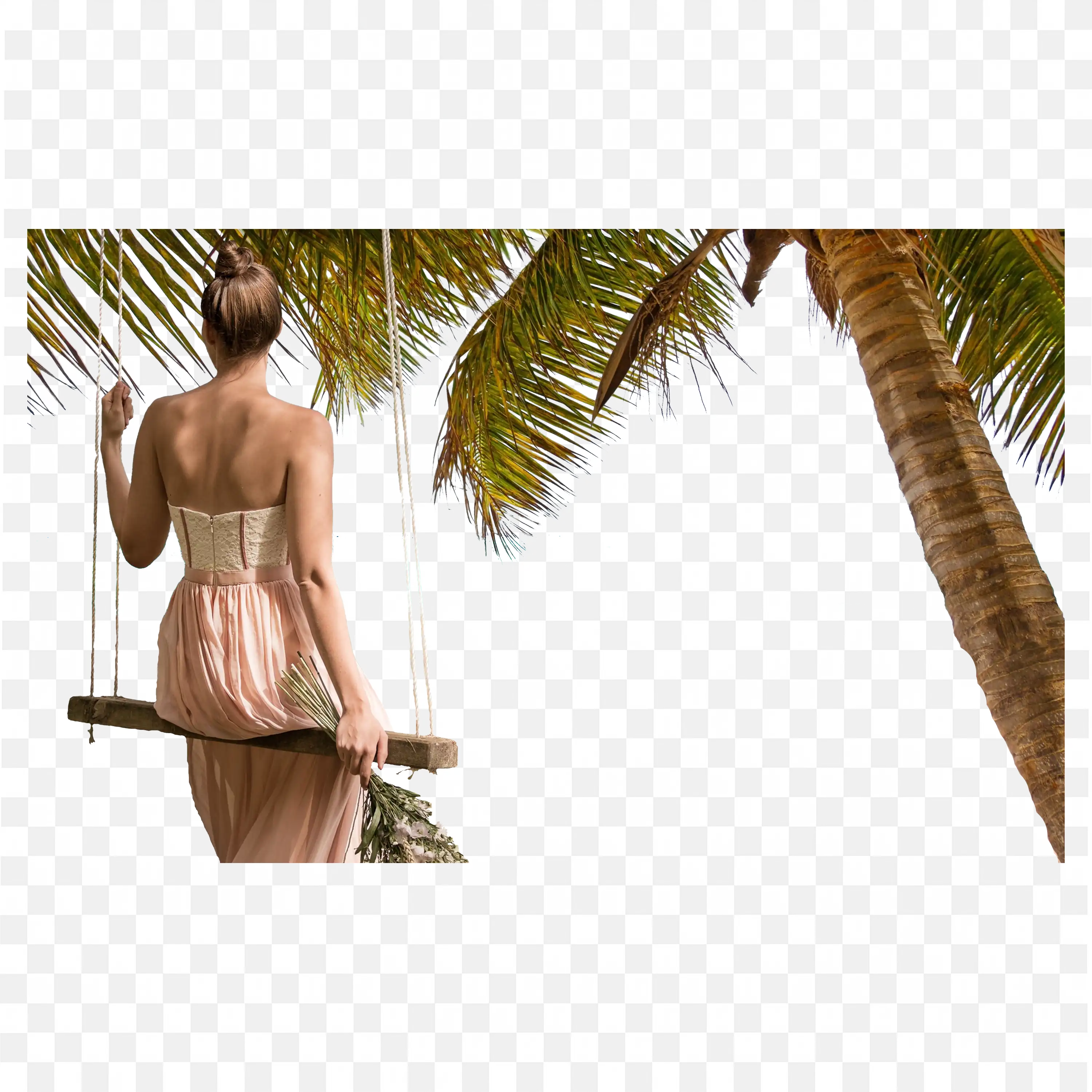 Woman on Swing Under Palm Trees a Relaxing Beach Scene Png