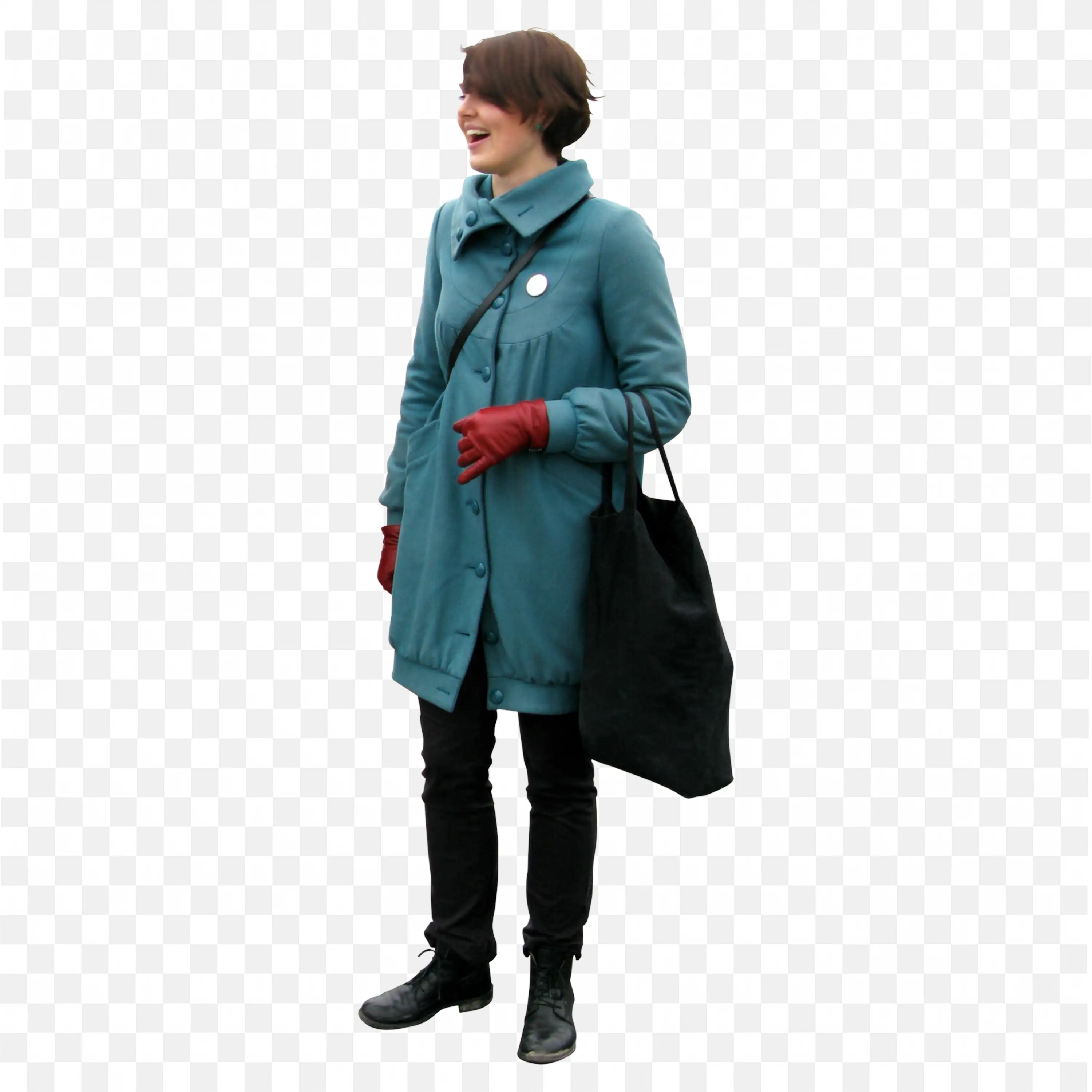 Woman with a Teal Coat and Red Gloves Carrying a Bag Png