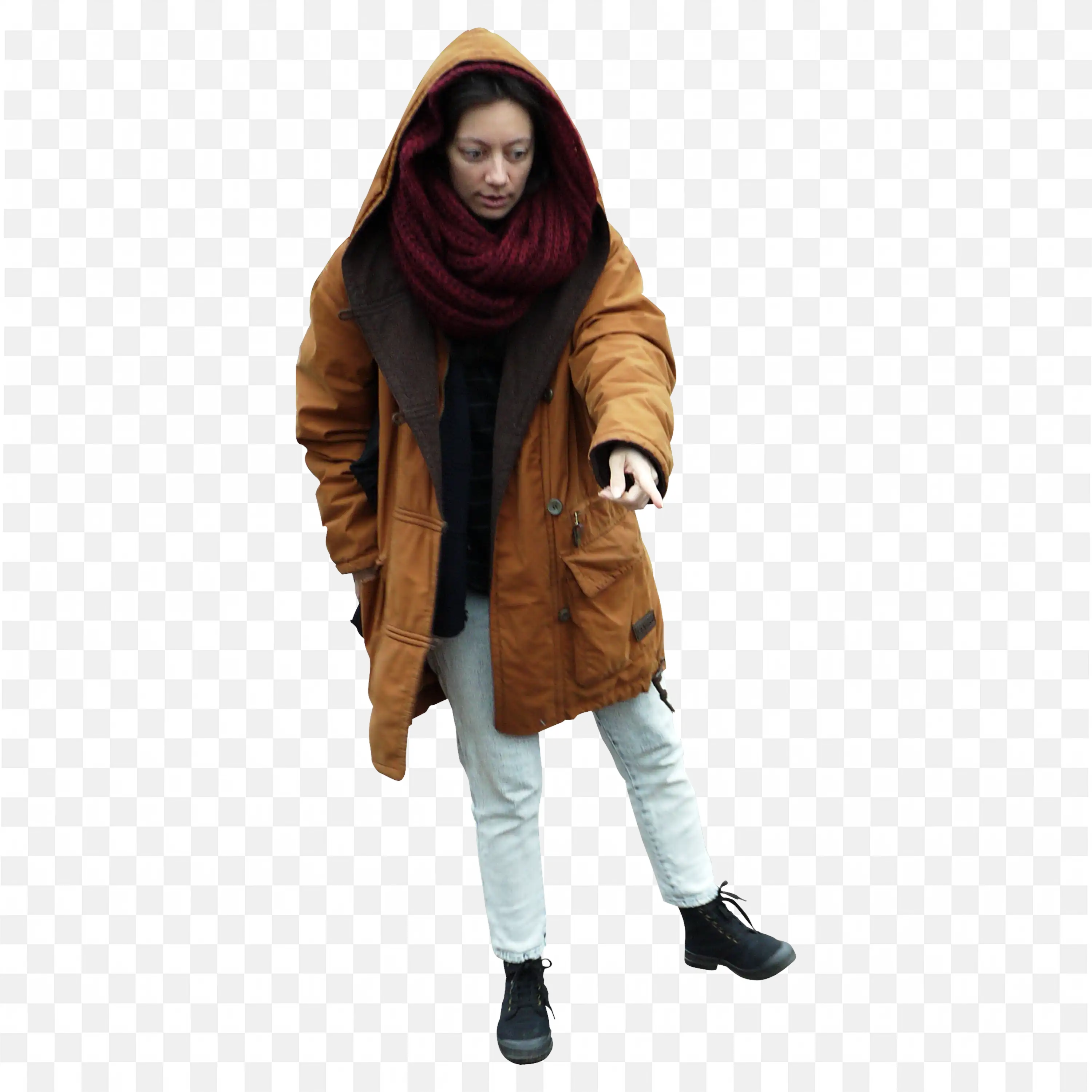 Woman Wearing Brown Coat and Scarf Pointing Forward Png