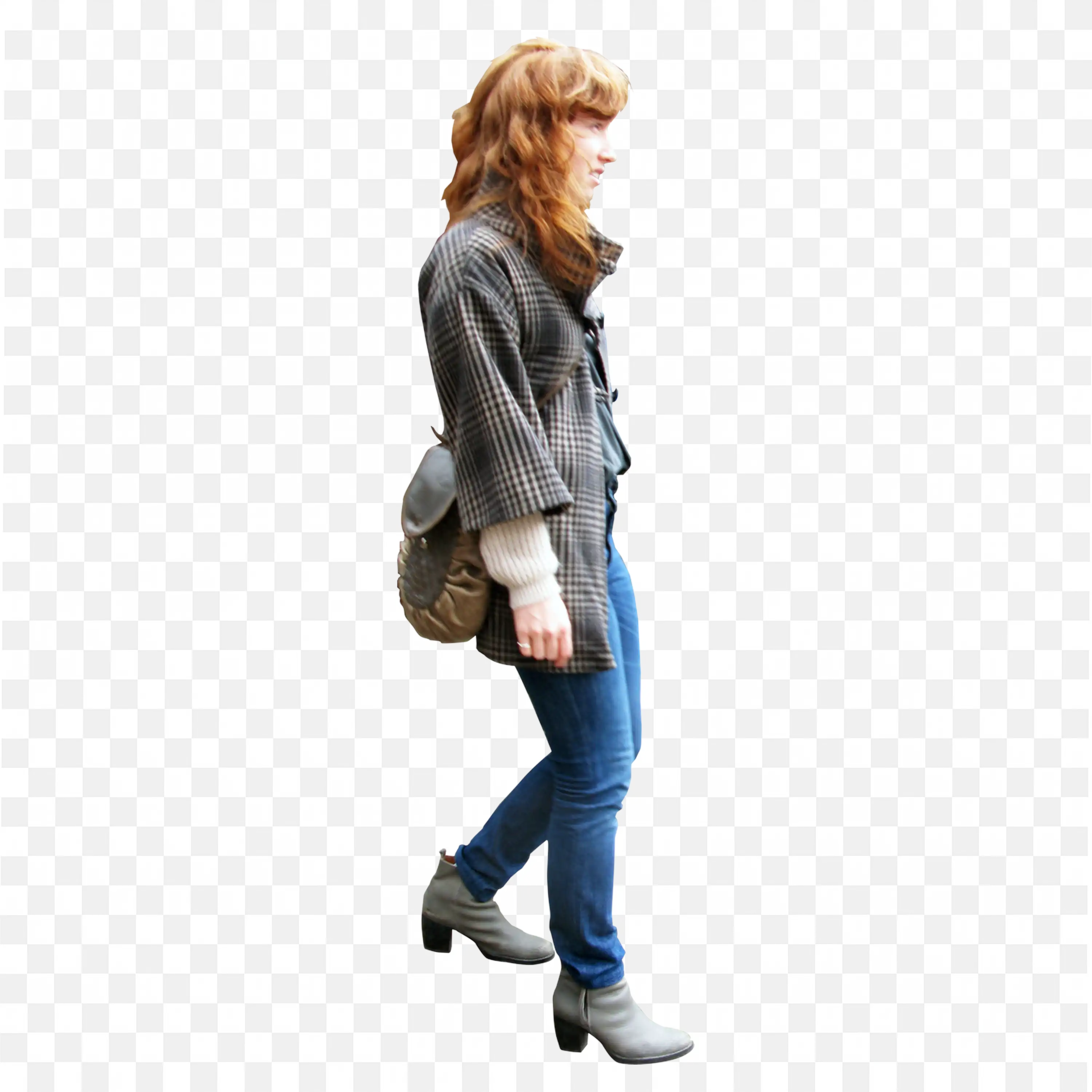 Woman Wearing a Checkered Coat Blue Jeans and Boots Walking