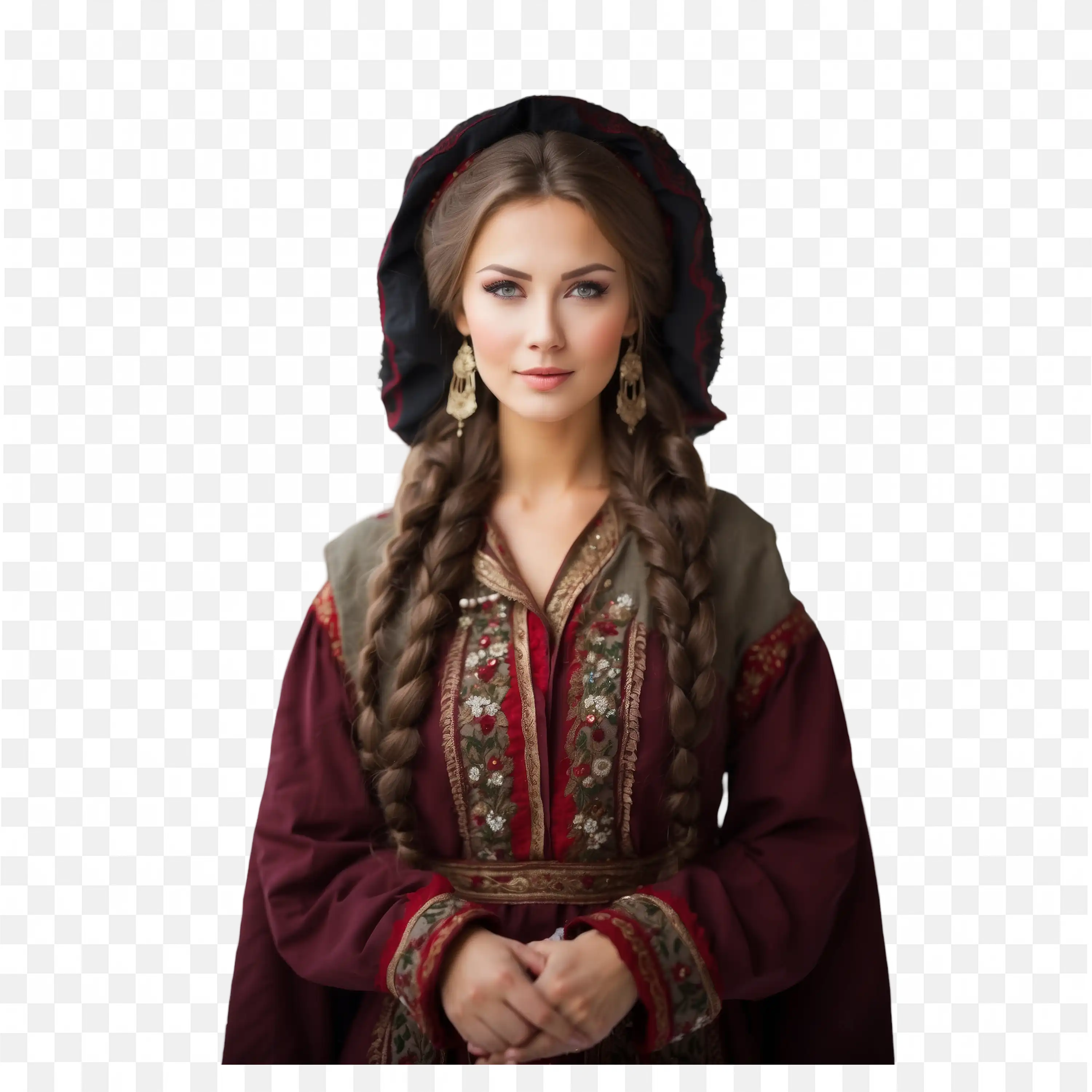 Woman Wearing Classic Maroon Dress with Braided Hair Png